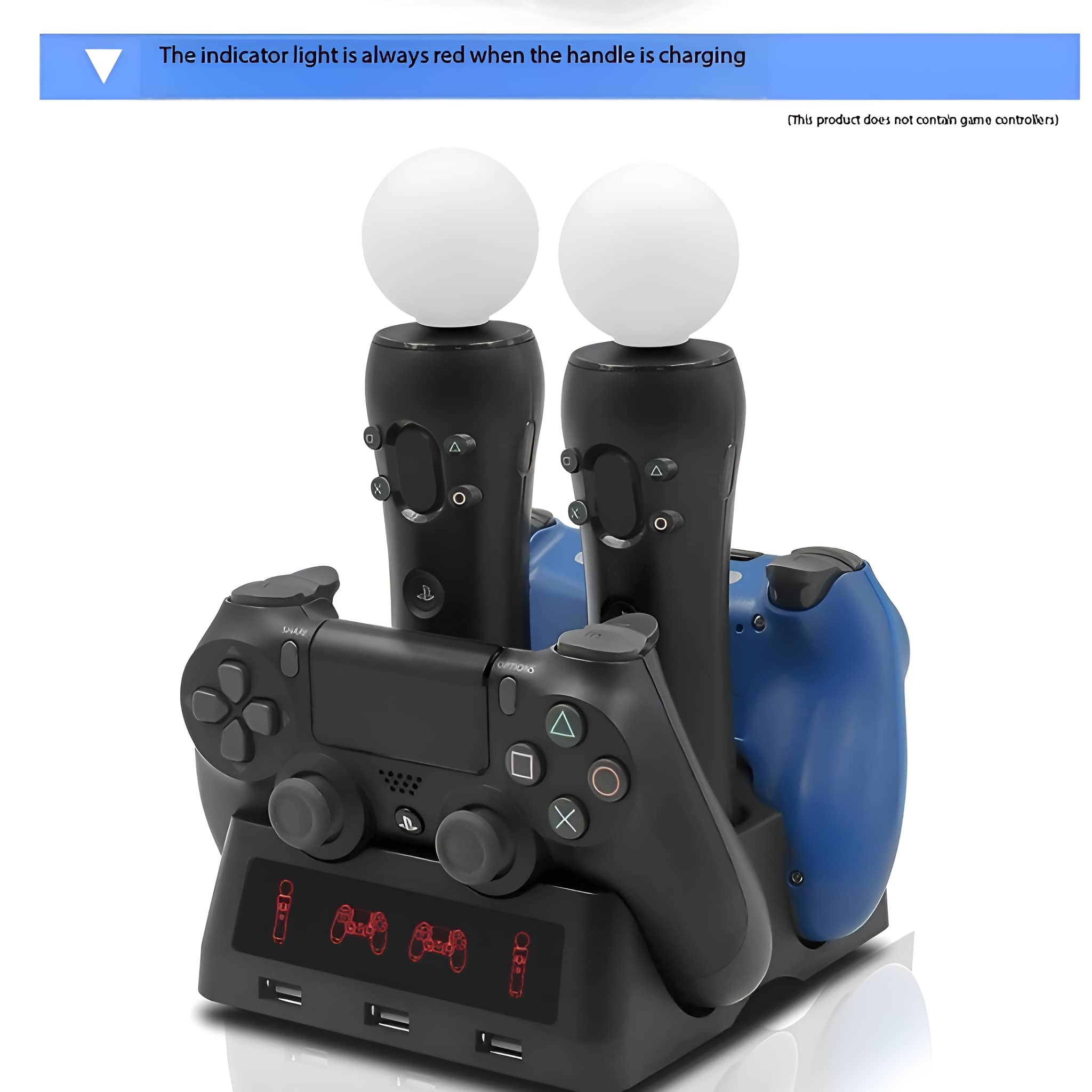 Ladestation mit Spielcontrollern. Zwei weiße Kugeln oben. Die Kontrollleuchte leuchtet beim Laden rot.