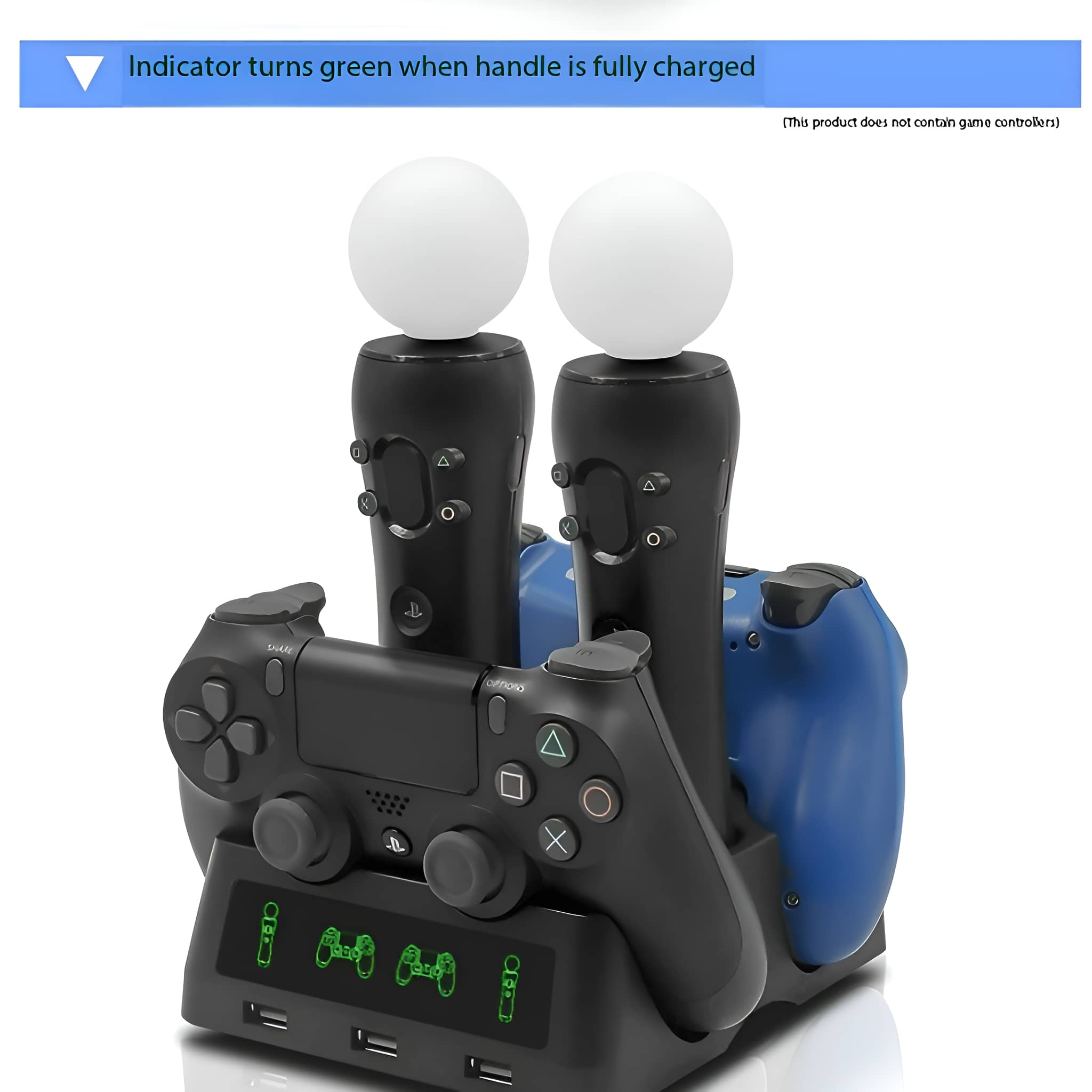 Eine Ladestation für Gamecontroller.  Hat Steckplätze für Controller und zwei weiße Kugeln.