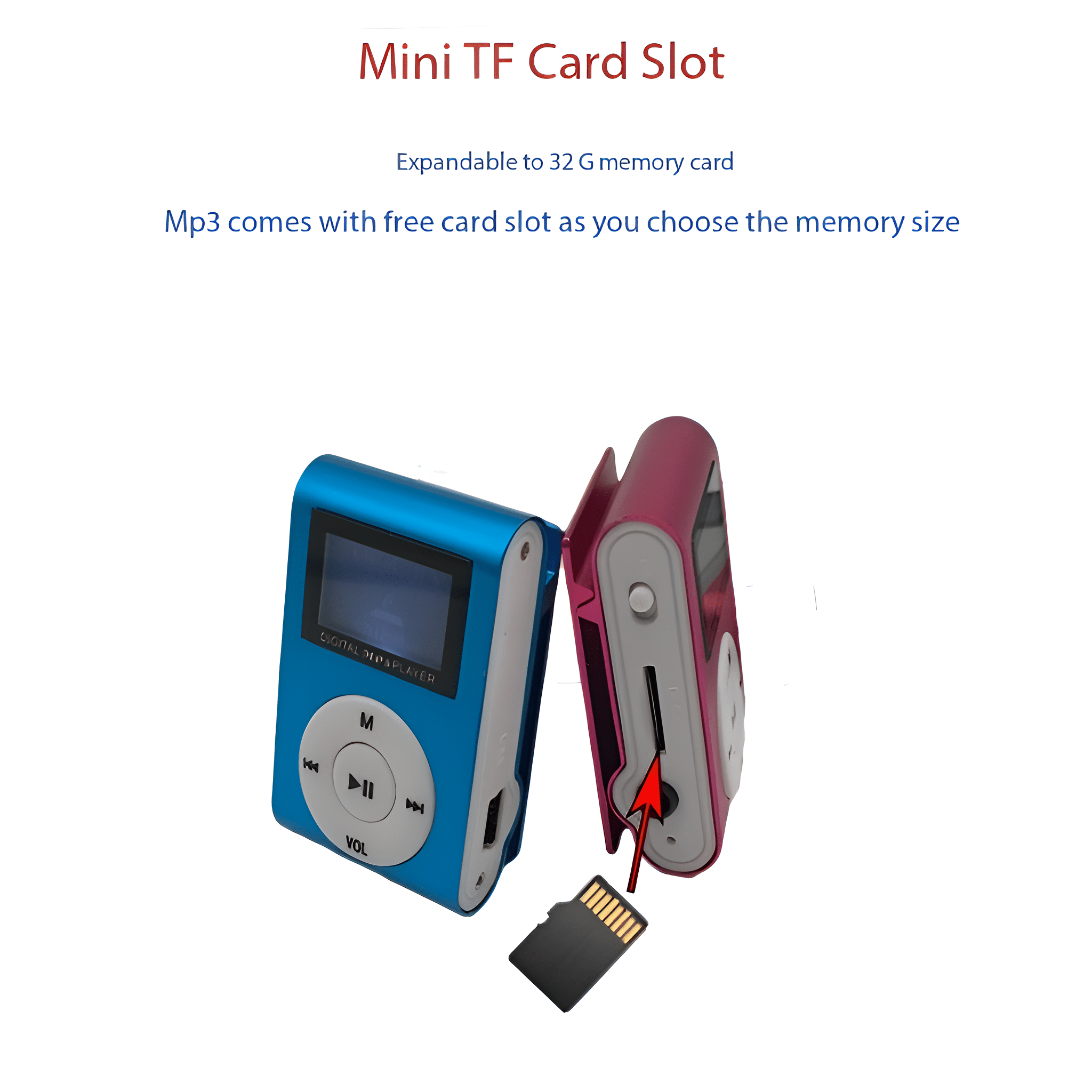 Zwei MP3-Player, blau und rosa, mit Speicherkarte und Steckplatzanzeige.