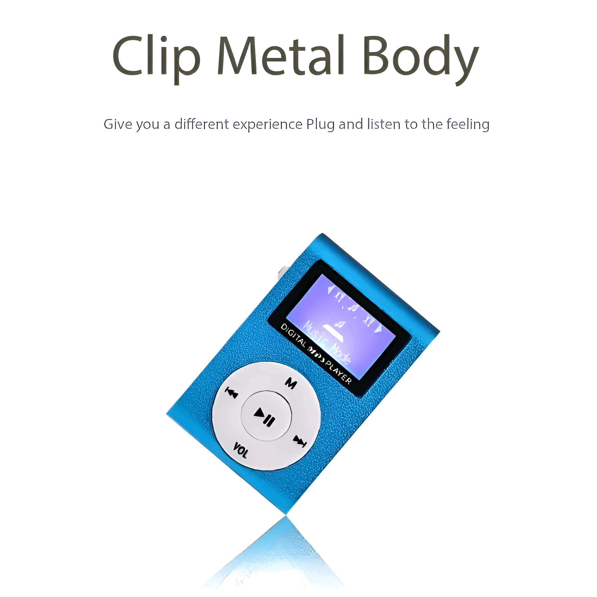 Blauer MP3-Player mit kleinem Bildschirm. Es hat einen weißen Kreis mit Tasten. Der Text lautet: Digitaler MP3-Player.
