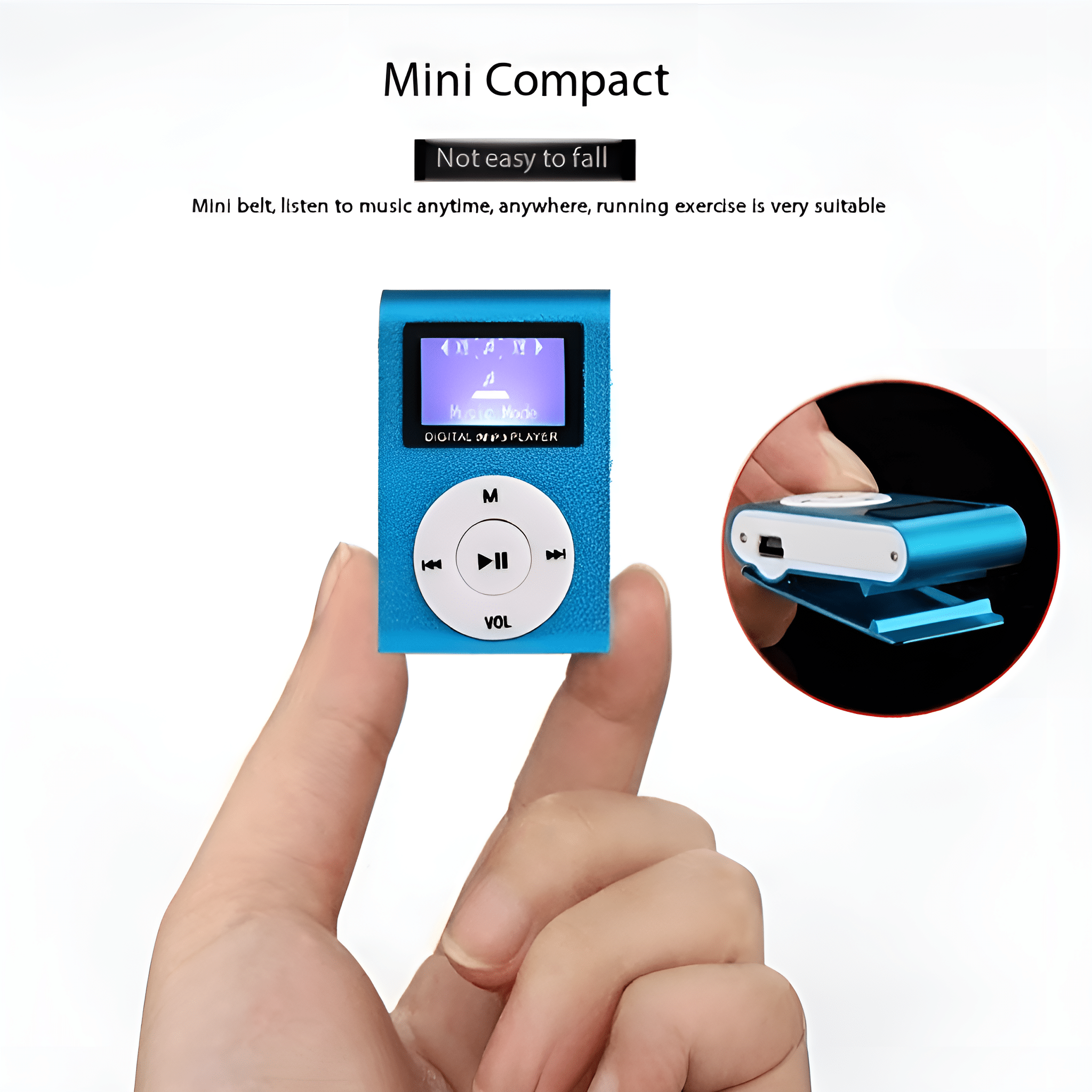 Eine Hand hält einen blauen MP3-Player. Eine andere zeigt eine Nahaufnahme. Text: Mini Compact, Nicht leicht zu fallen.