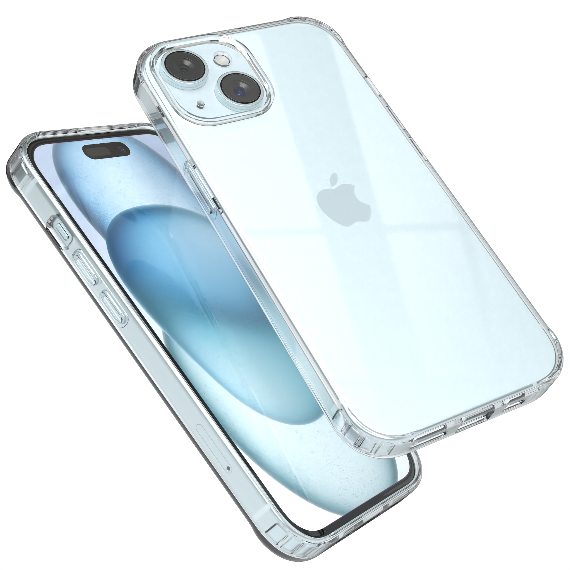 Zwei transparente Handyhüllen übereinander, mit einem Apple-Logo sichtbar.