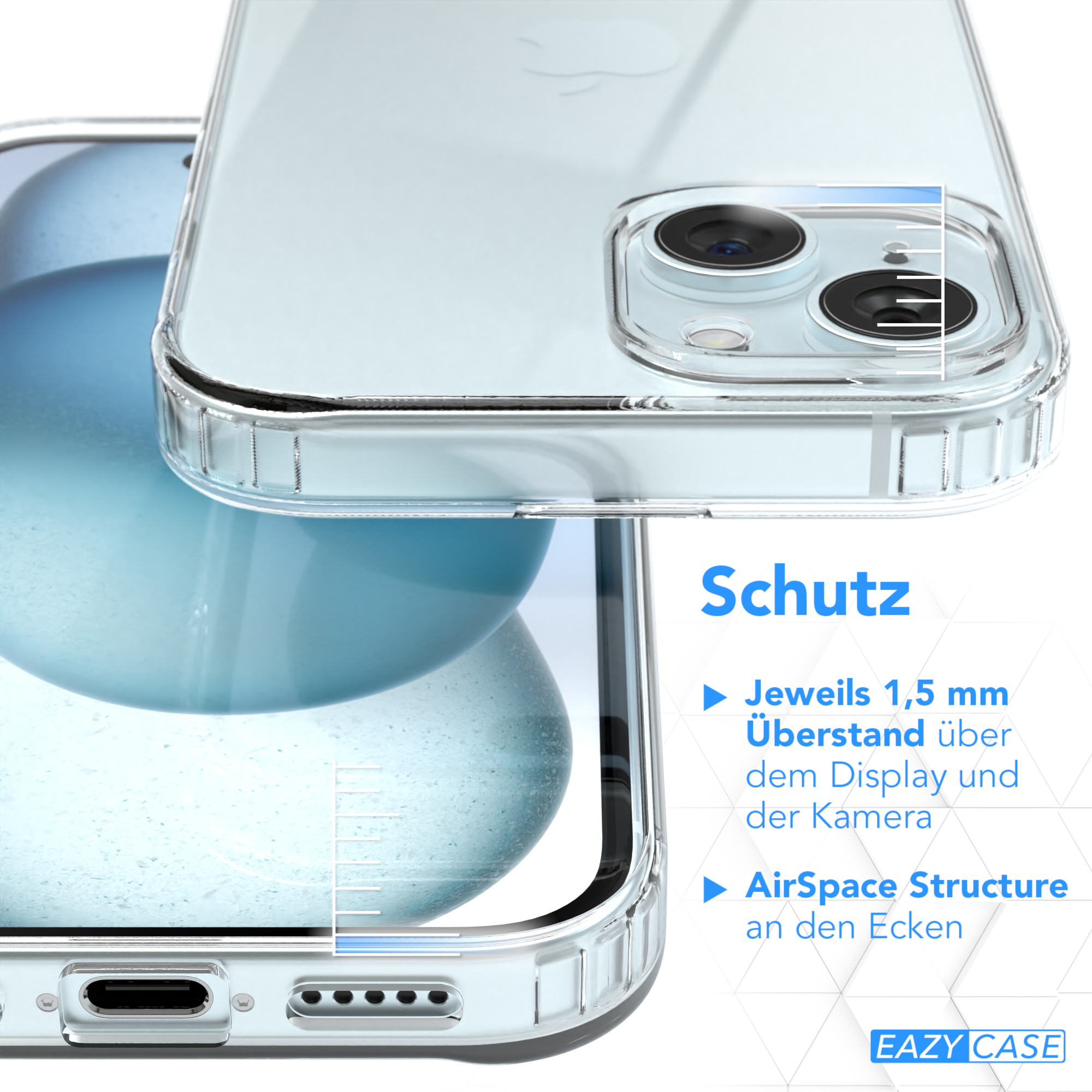 Klare Handyhülle auf dem Telefon. Text zeigt 1,5 mm Display- und Kameraschutz und Airspace-Struktur.