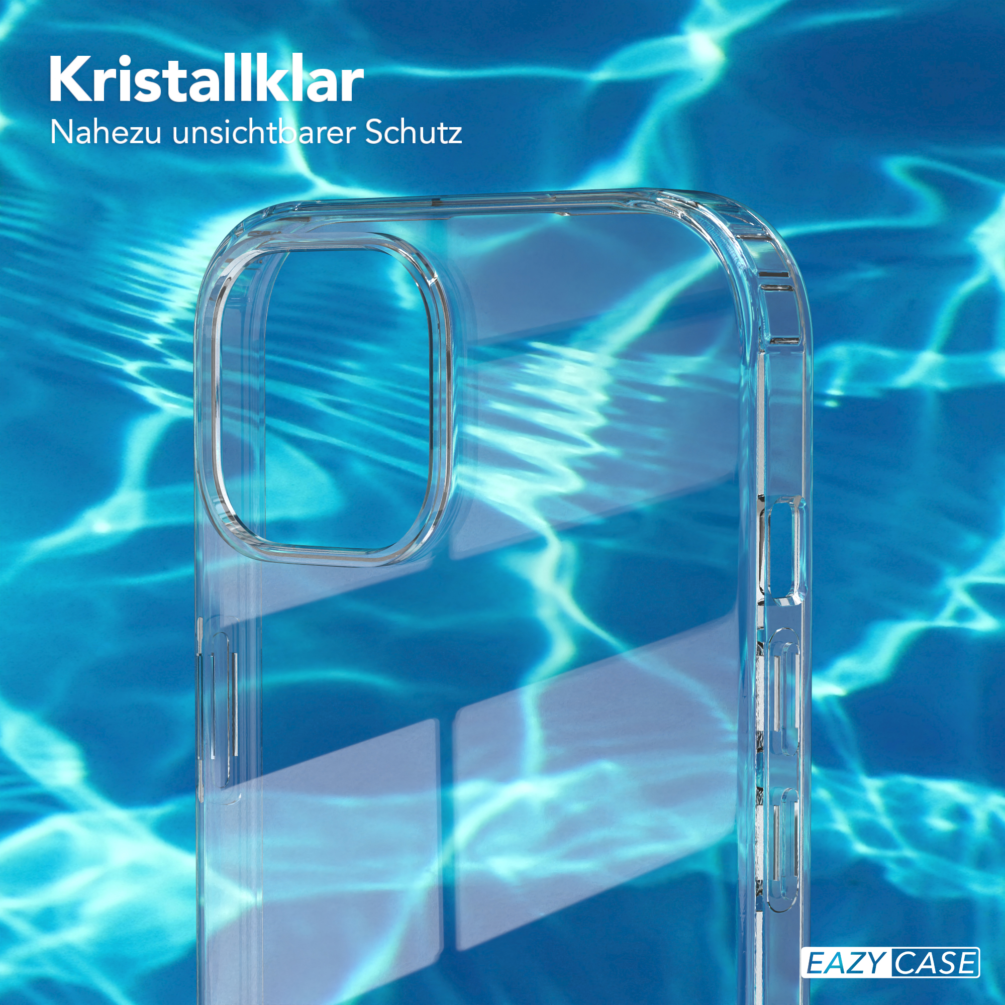 Transparente Handyhülle, blauer Wasserhintergrund und Text 'Kristallklar', 'Eazy Case'.