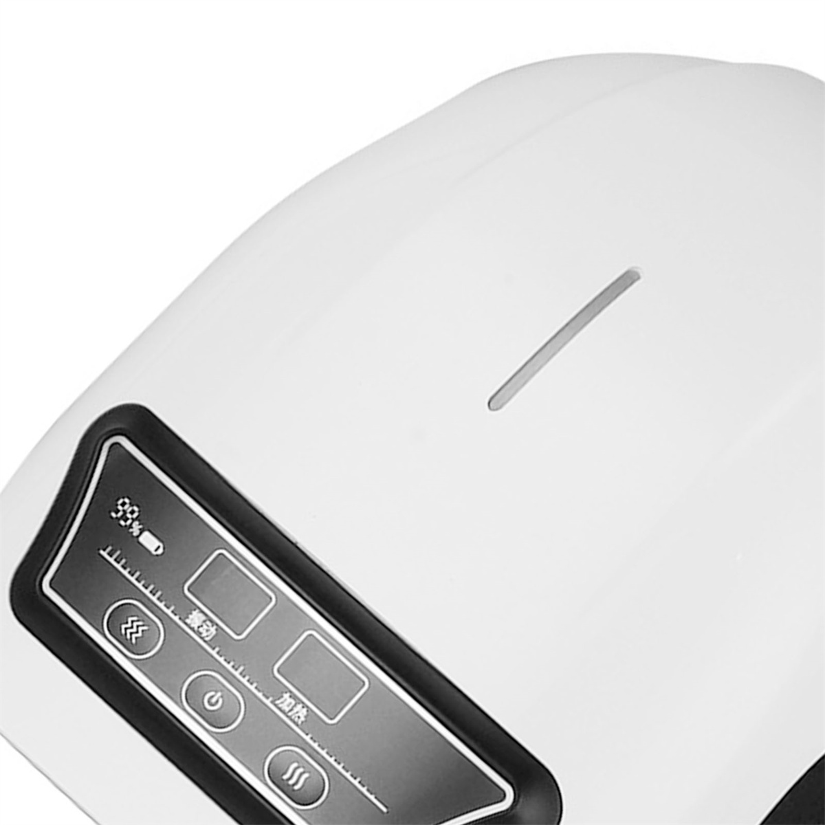 Weißes Gerät mit digitalem Display, das Symbole und Prozentsätze anzeigt. Knöpfe und ein Schlitz.
