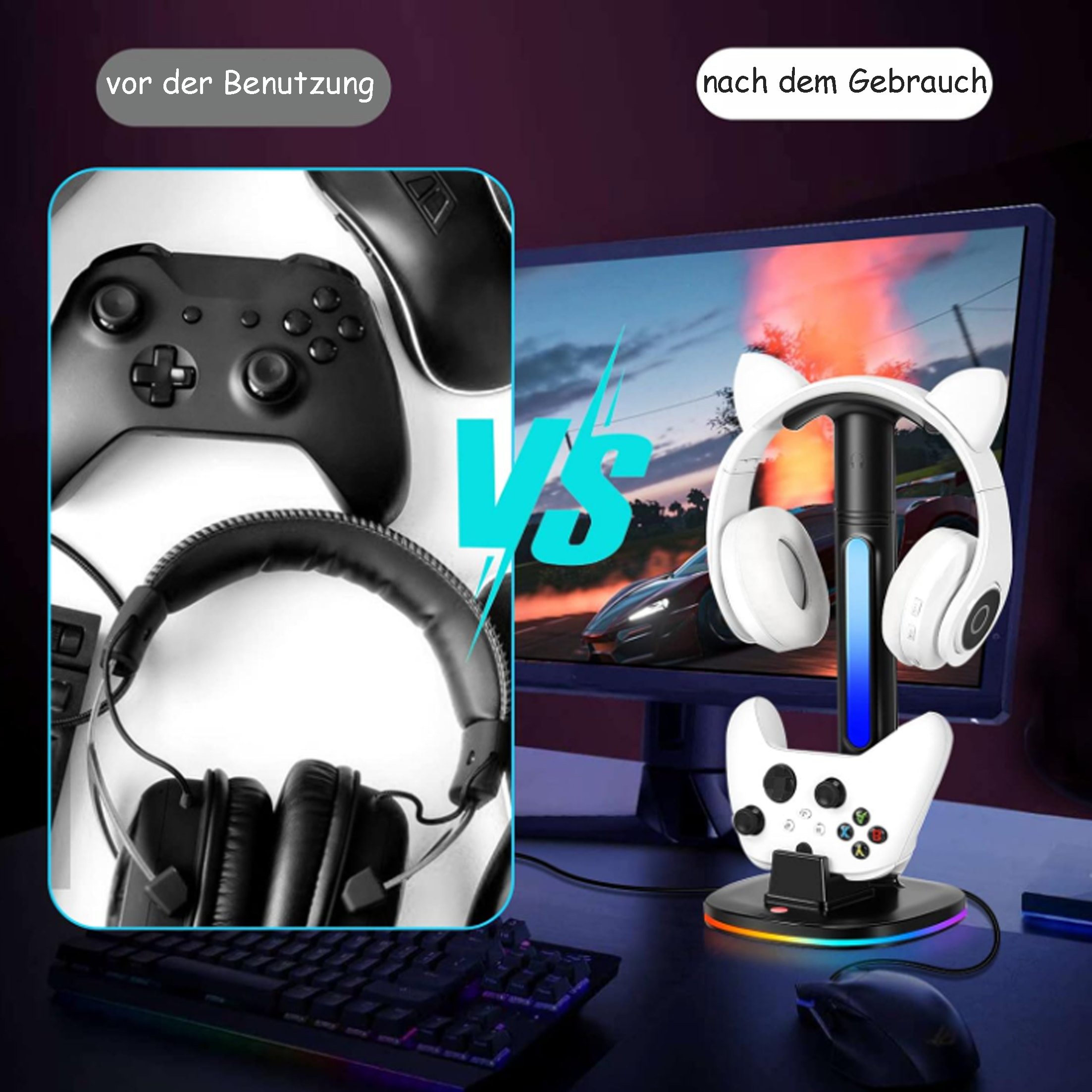 Kopfhörer- und Gamepad-Ständer vor und nach Gebrauch, mit Computerbildschirm.