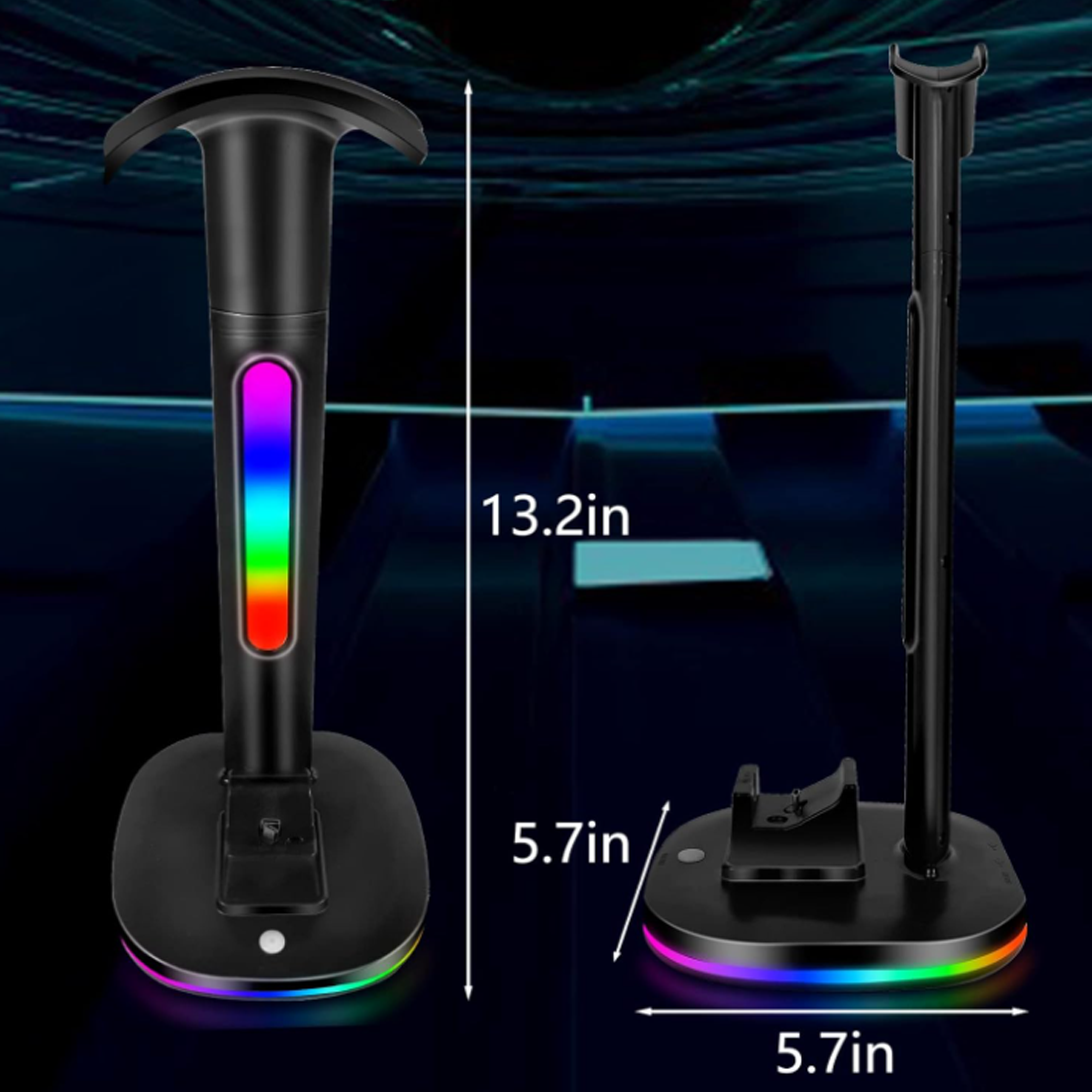 Schwarzer Kopfhörerständer mit RGB-Beleuchtung und Größenangaben.
