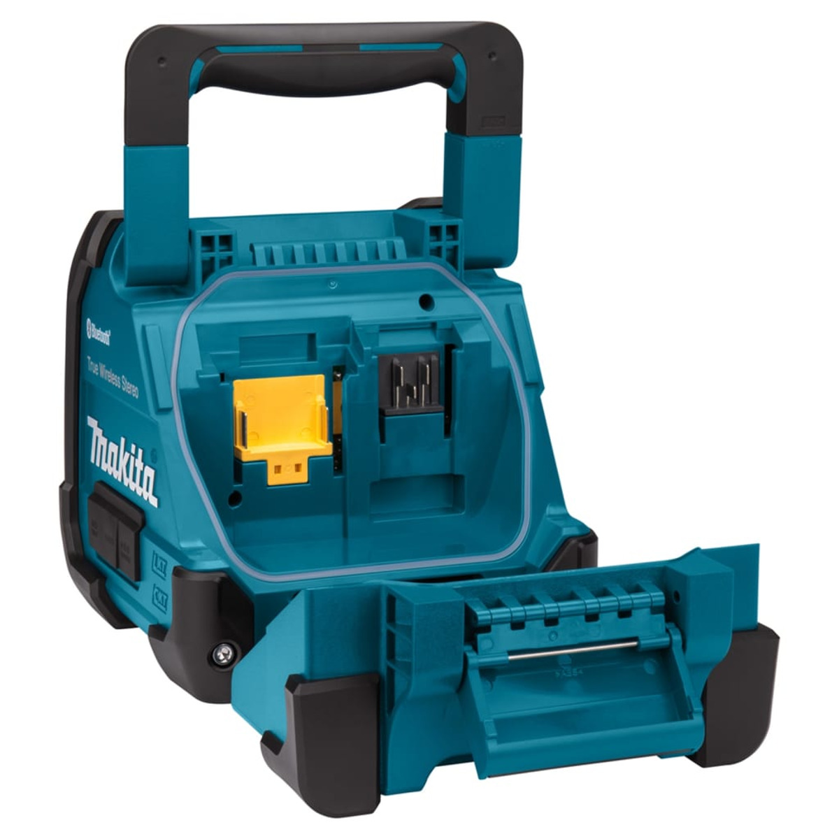 Turkusowy głośnik Bluetooth Makita. Ma uchwyt i otwarte przegrody.