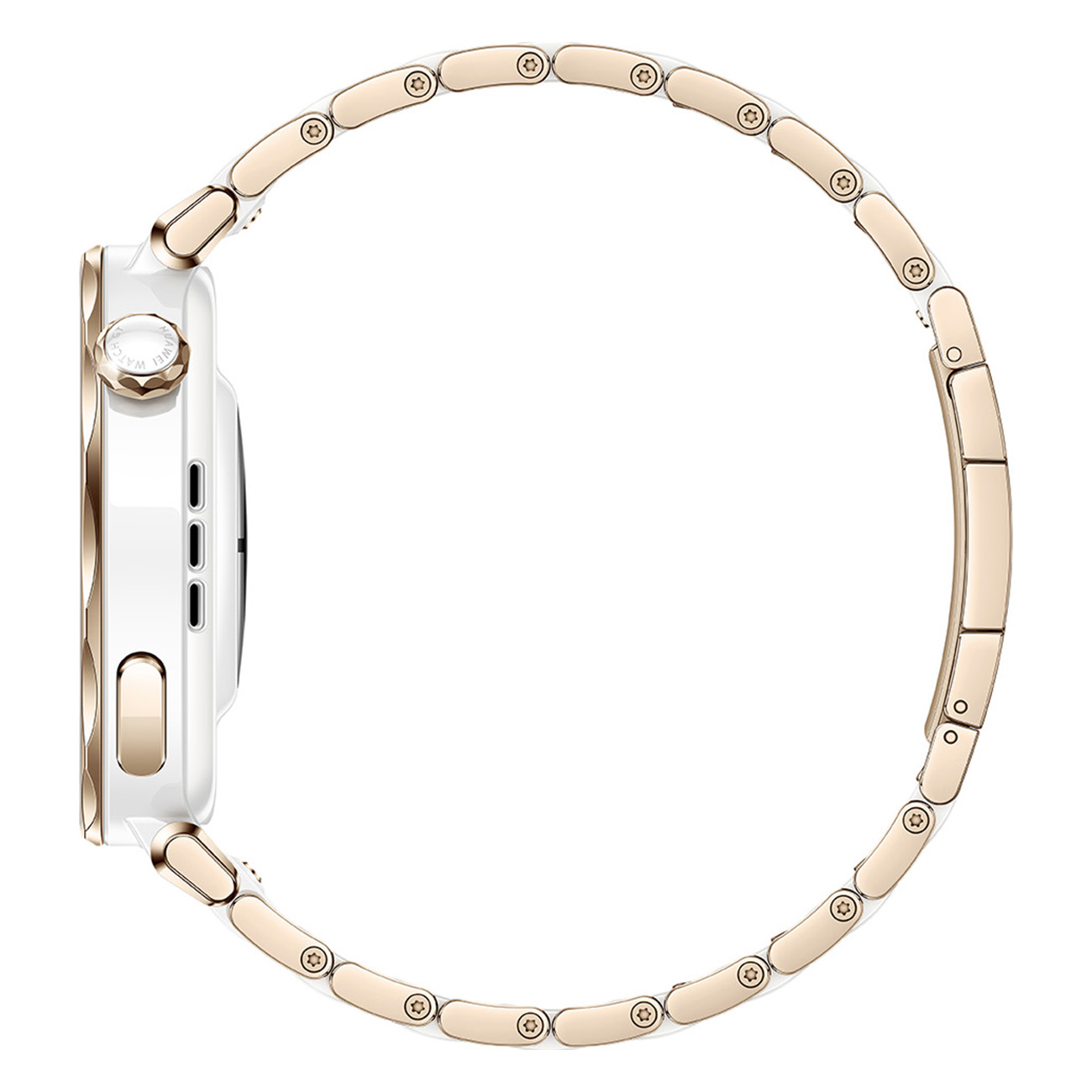 Widok z boku złotego i białego zegarka ze złotą bransoletą.