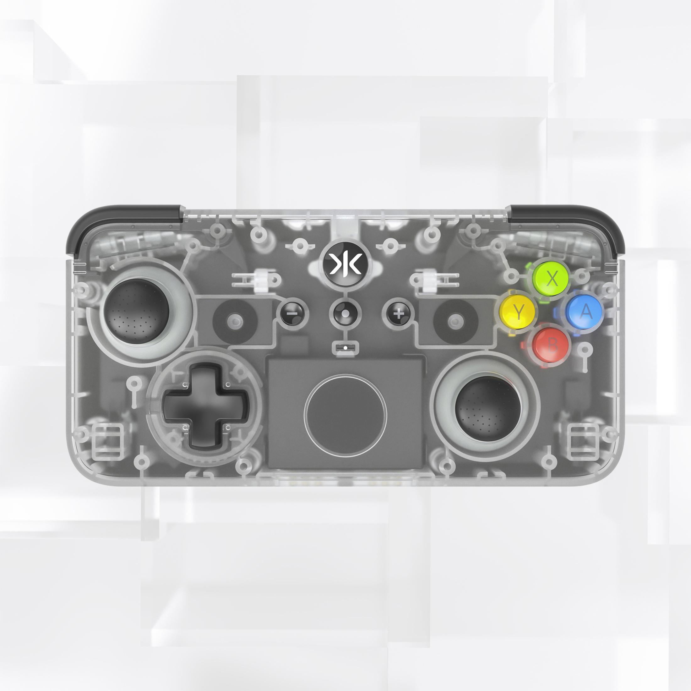Controller di gioco trasparente con pulsanti colorati (X, Y, A, B). Accenti neri e centro grigio.