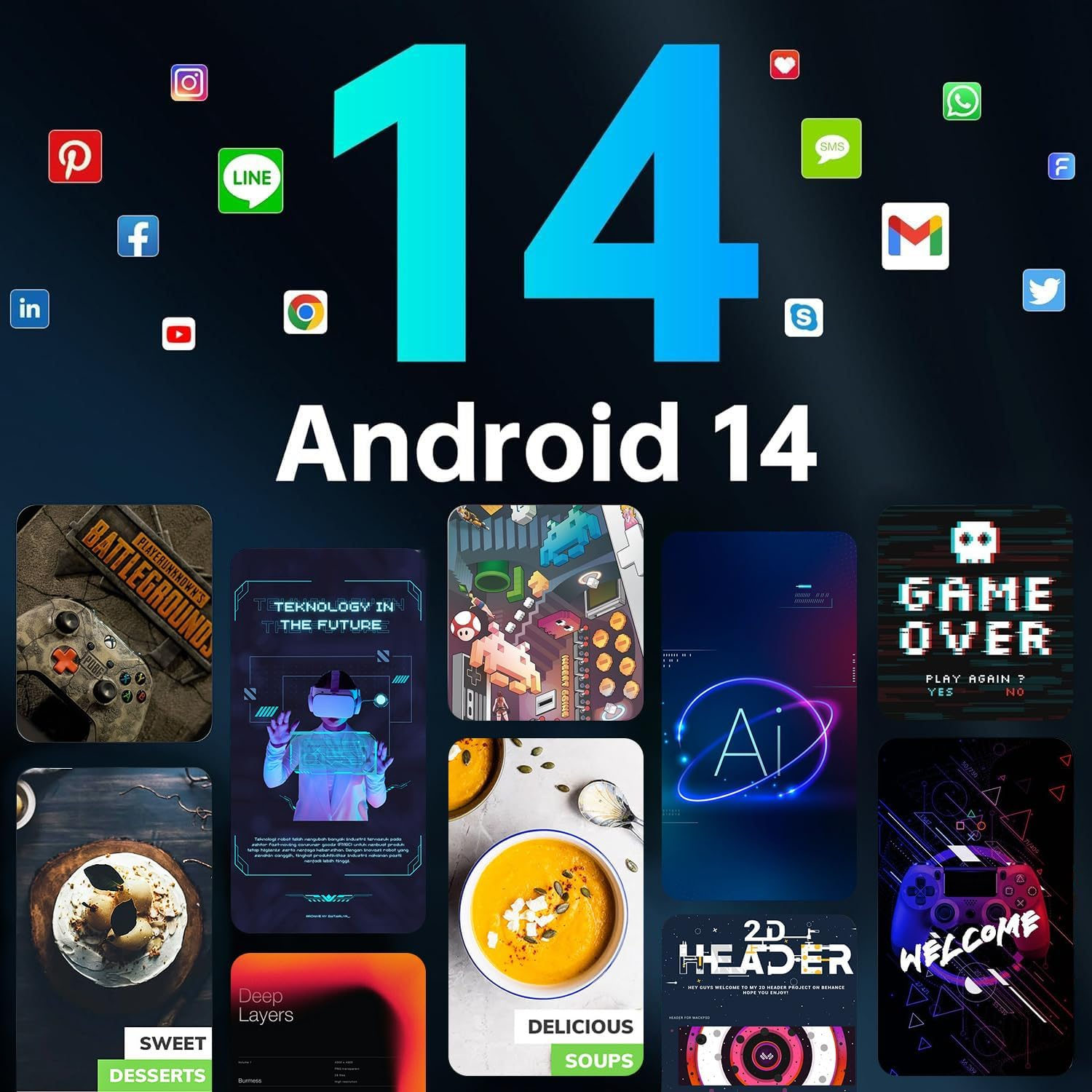 Grafica di Android 14 con icone delle app. Icone in primo piano: Instagram, Facebook, YouTube e altro. Include immagini di giochi.