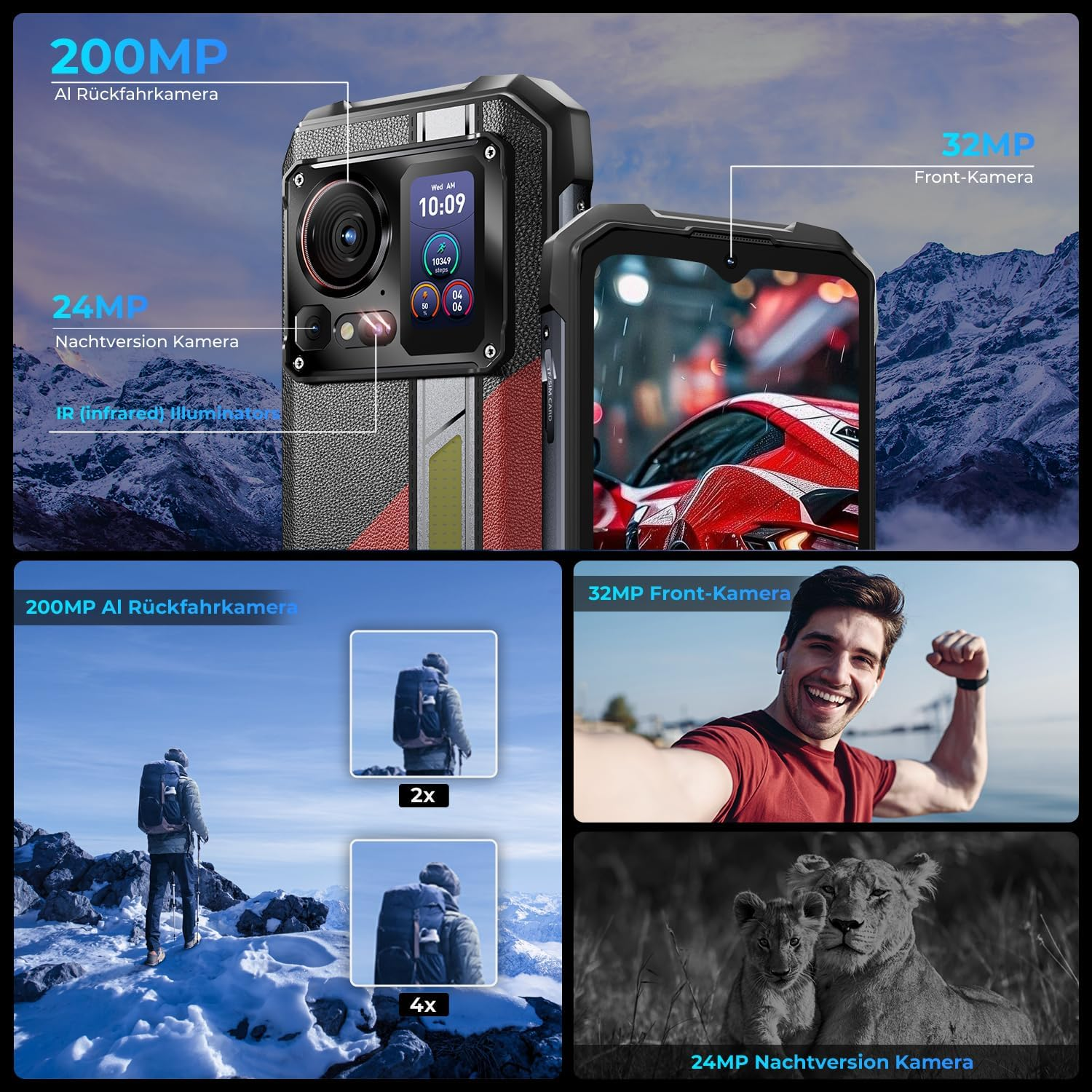 Smartphone con più fotocamere, immagini di un escursionista in montagna, un uomo con le cuffie e leoni. Dettagli tecnici.