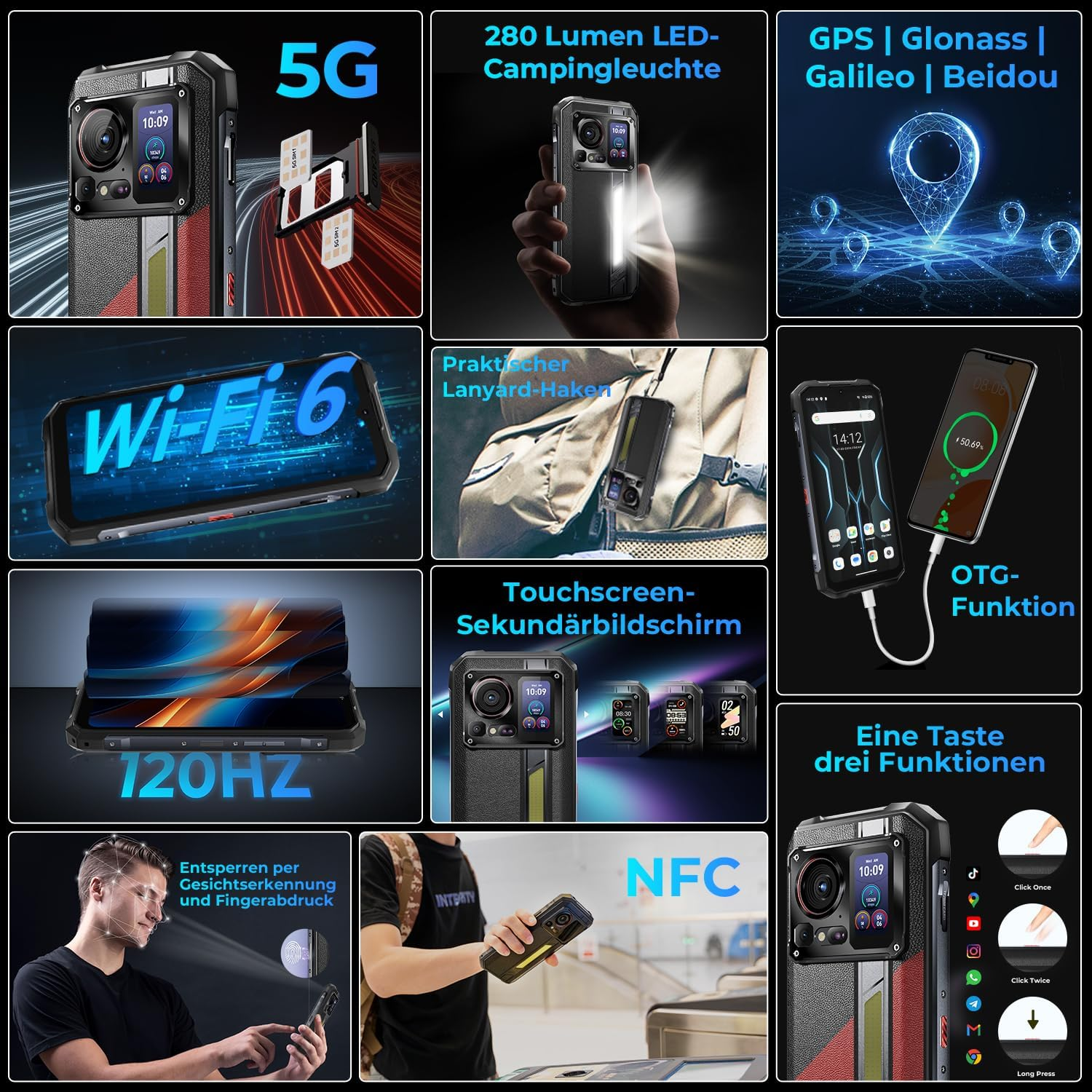 Uno smartphone con molteplici funzionalità, tra cui dual SIM, Wi-Fi 6, GPS e un display touchscreen.
