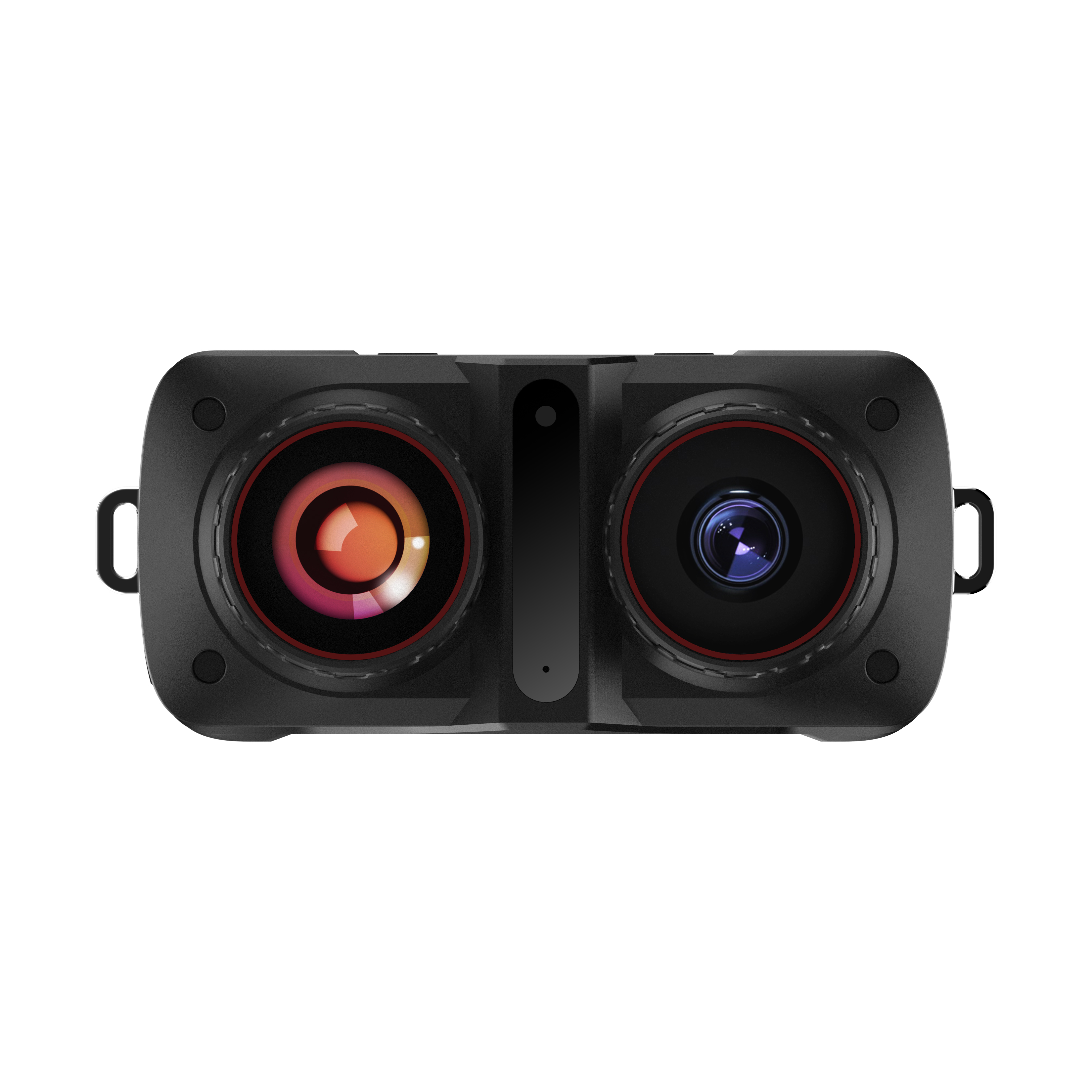 Czarne urządzenie noktowizyjne z dwoma obiektywami i czerwonymi okręgami.