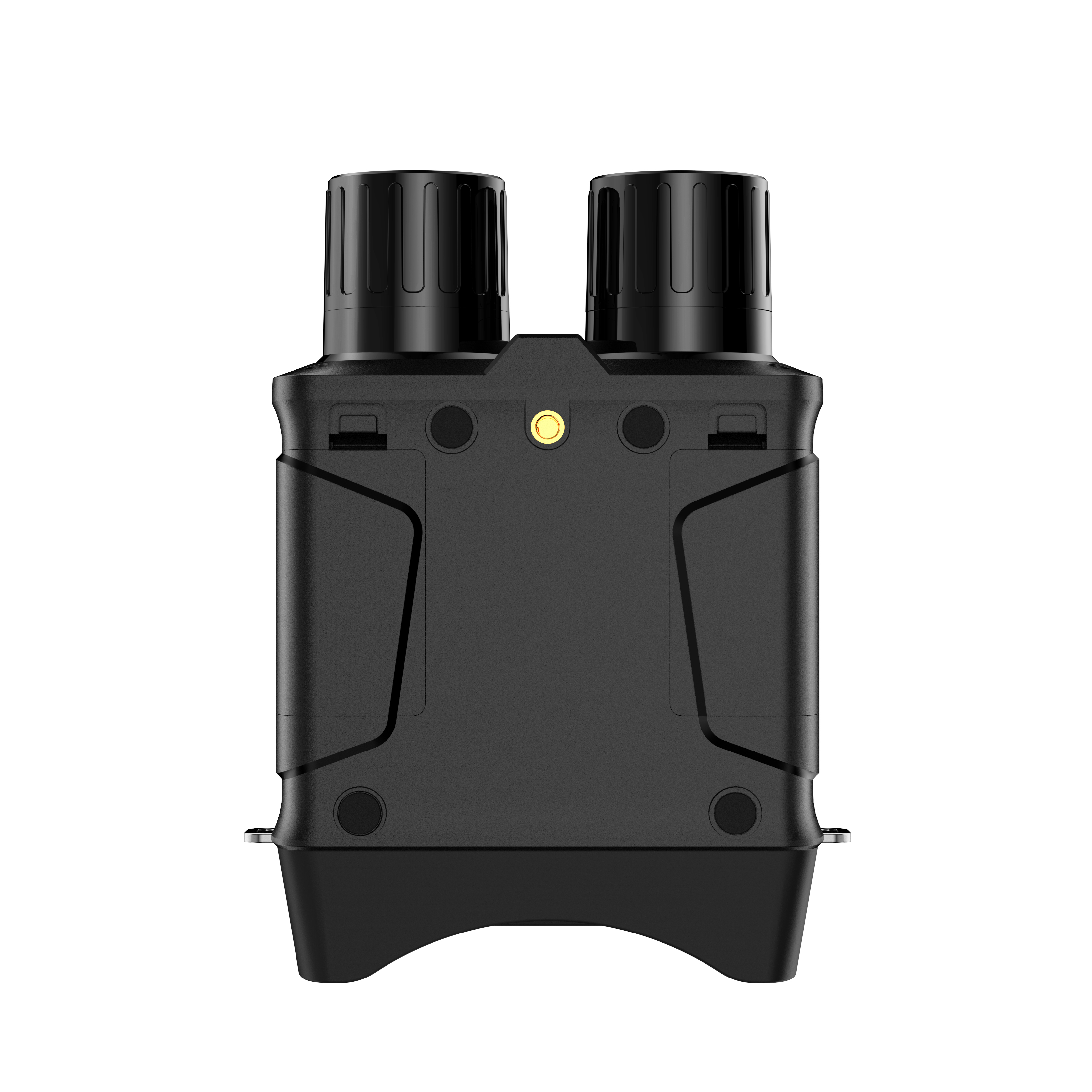 Widok z tyłu lornetki noktowizyjnej. Czarna lornetka, okrągłe tarcze na górze.