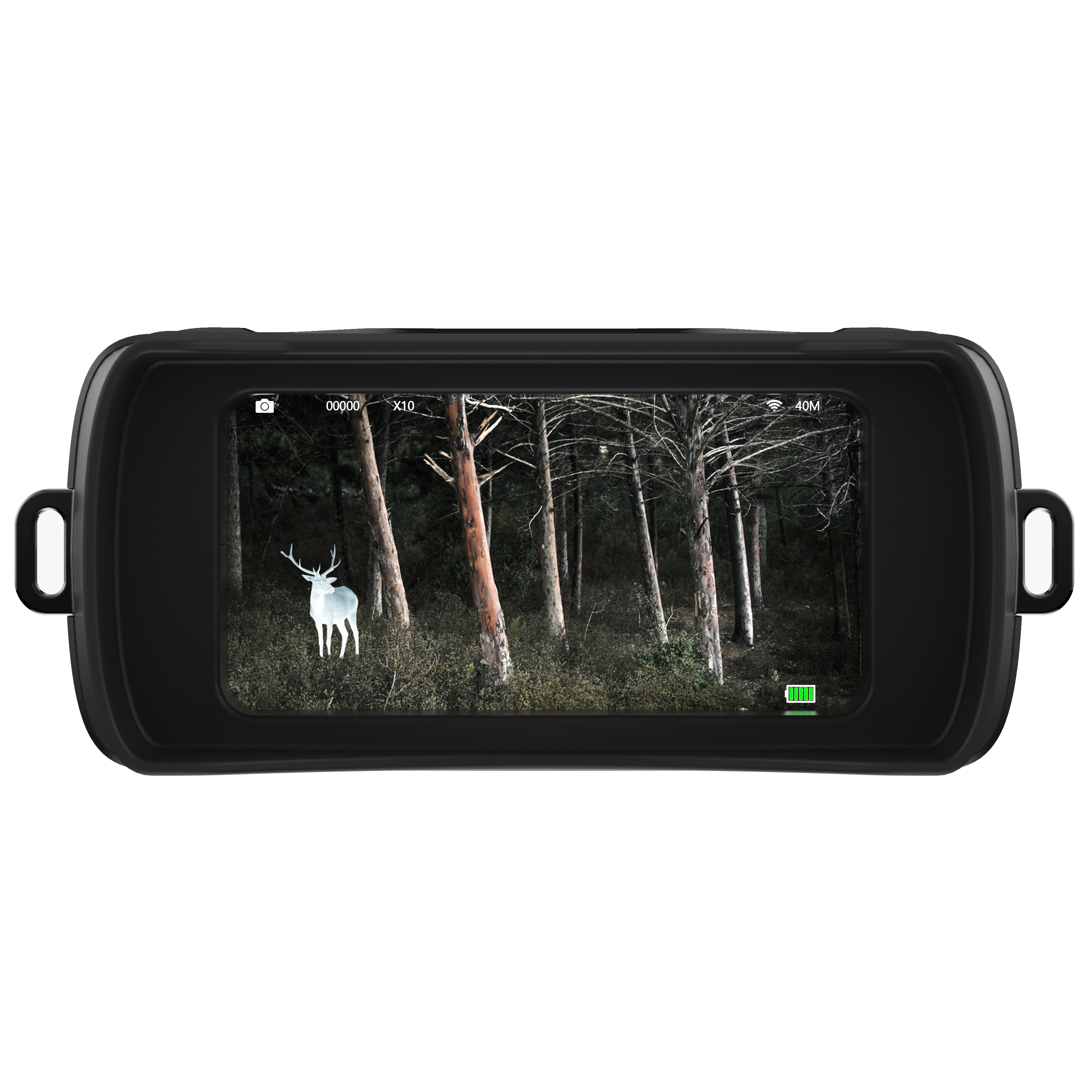 Urządzenie noktowizyjne wyświetlające jelenia w lesie z nakładką cyfrową.