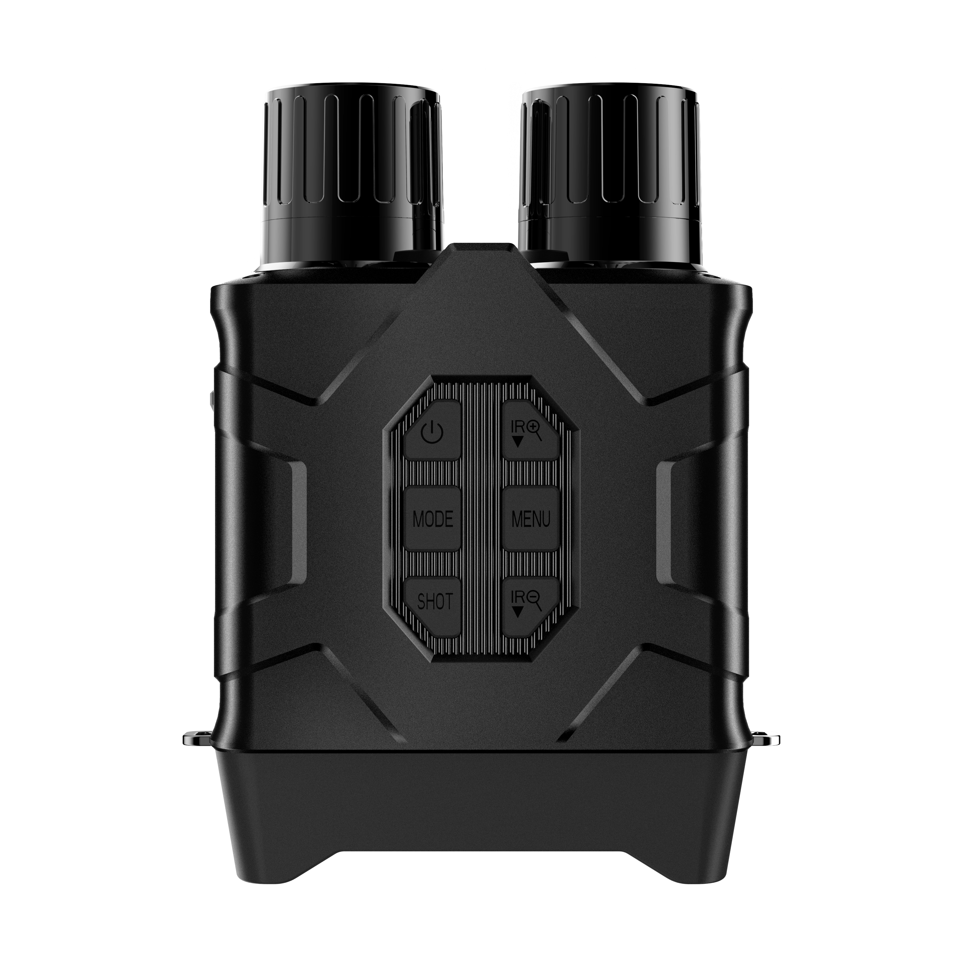 Czarna lornetka noktowizyjna. Posiada wiele przycisków i dwie obudowy obiektywów.