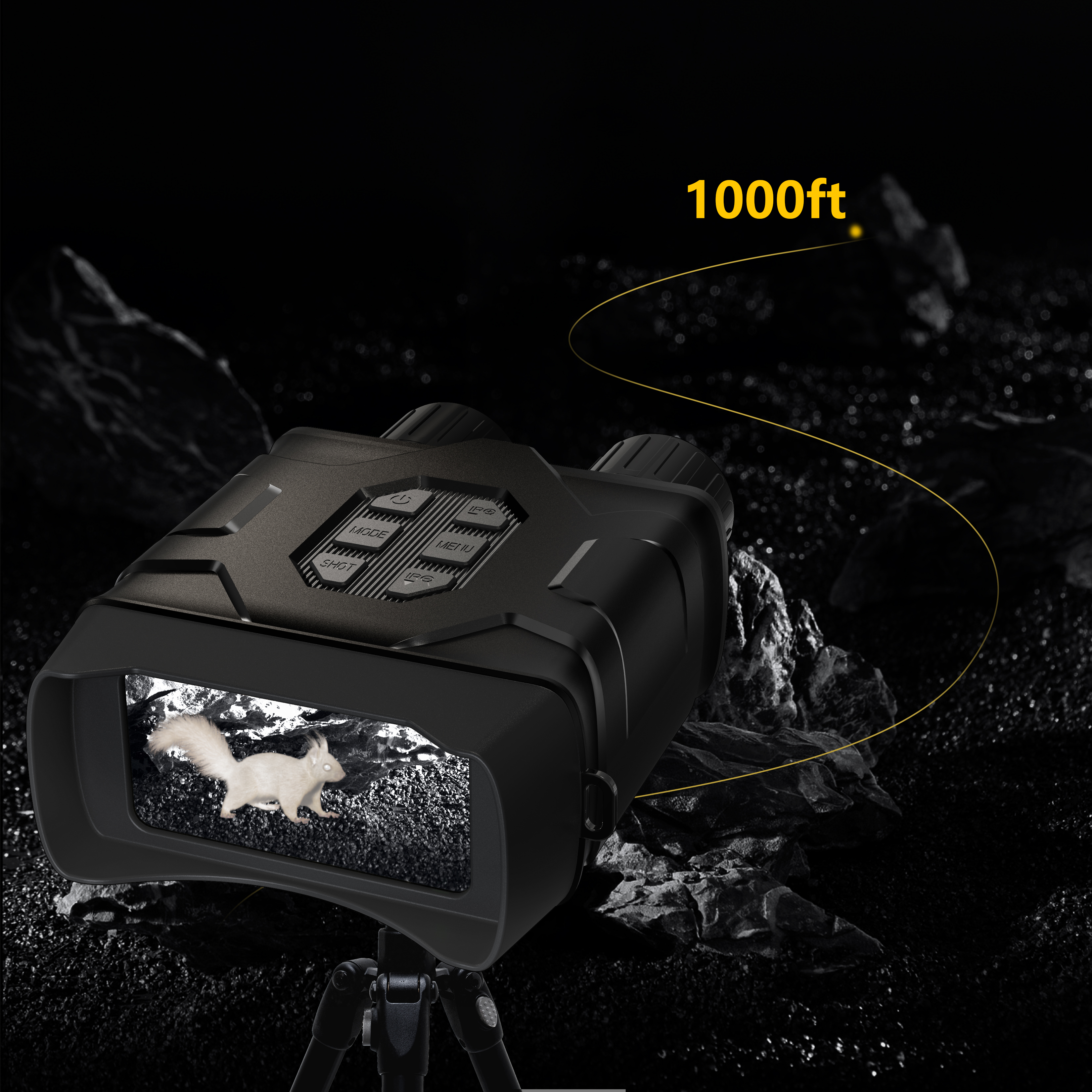 Urządzenie noktowizyjne pokazujące wiewiórkę, ze wskaźnikiem zasięgu 1000 stóp.