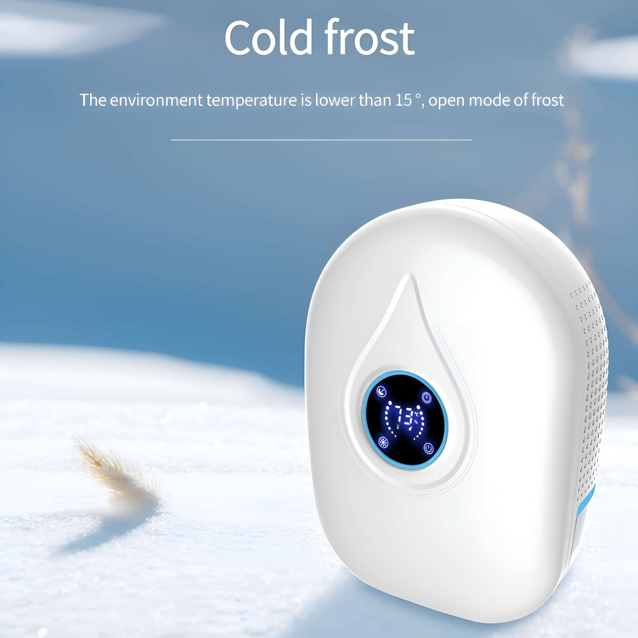 Weiße Frostmaschine auf Schnee. Es hat ein blaues Display und ein Blatt. Text: 'Cold frost'.