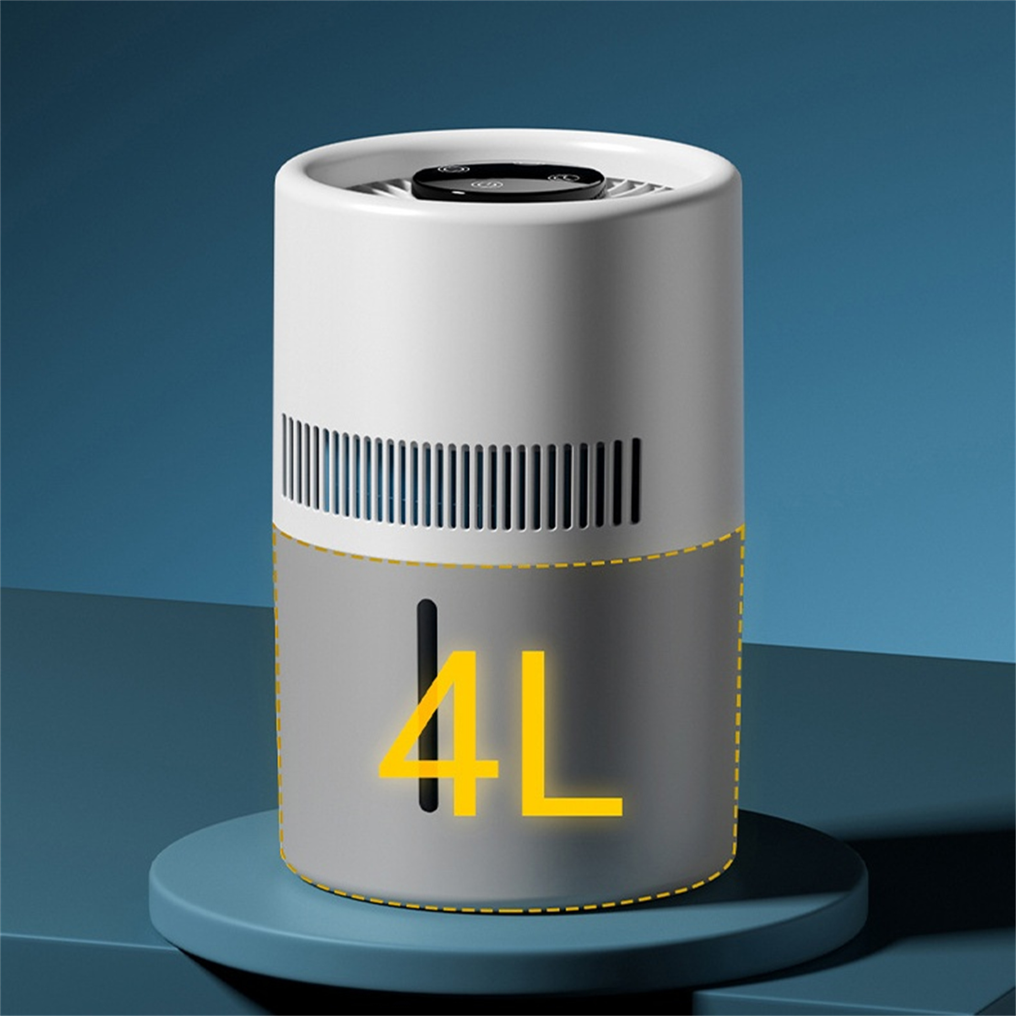 Ein weiß-grauer Luftreiniger mit großem '4L'-Text und blauem Sockel.