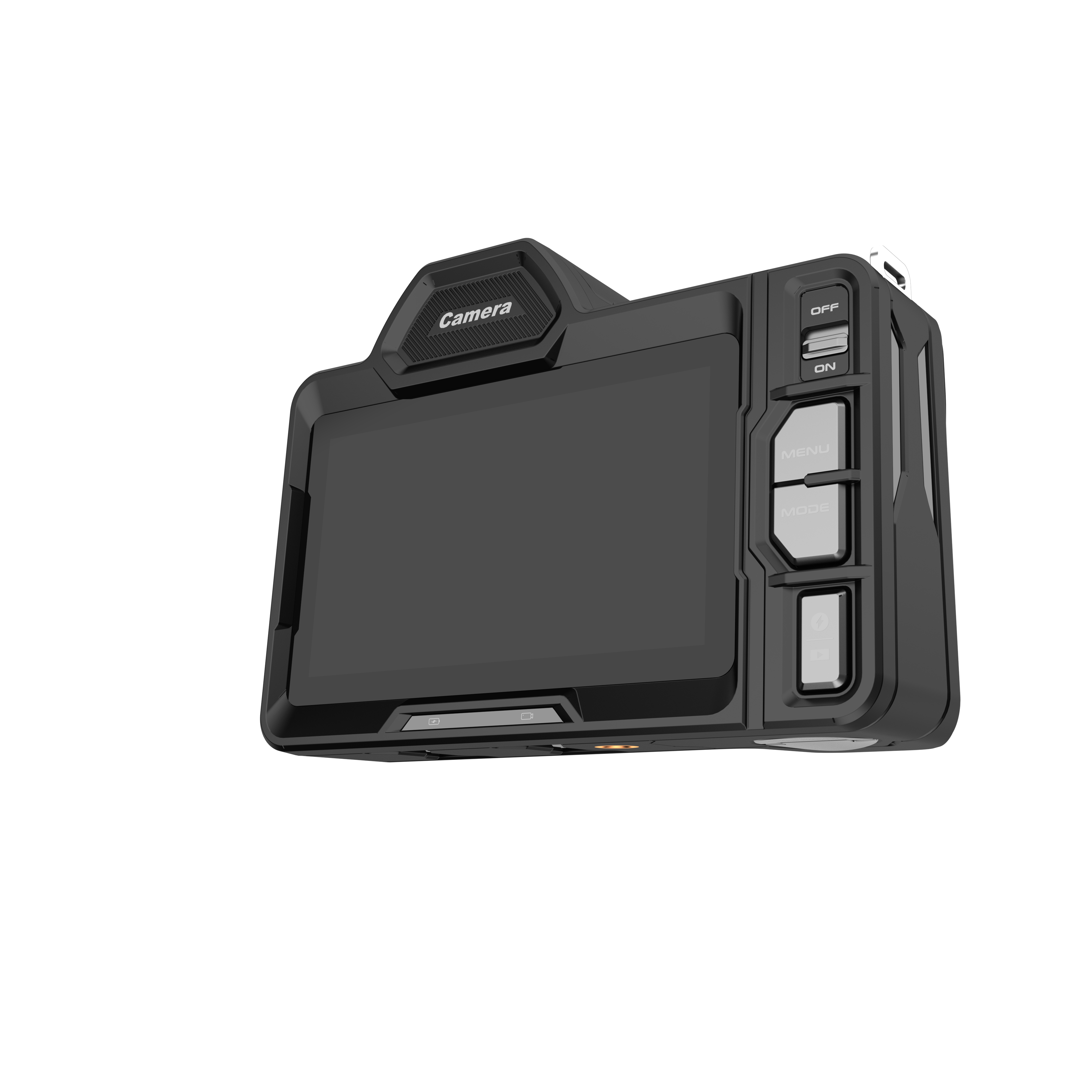 Schwarze Kamera mit Bildschirm, Knöpfen und dem Wort Kamera.