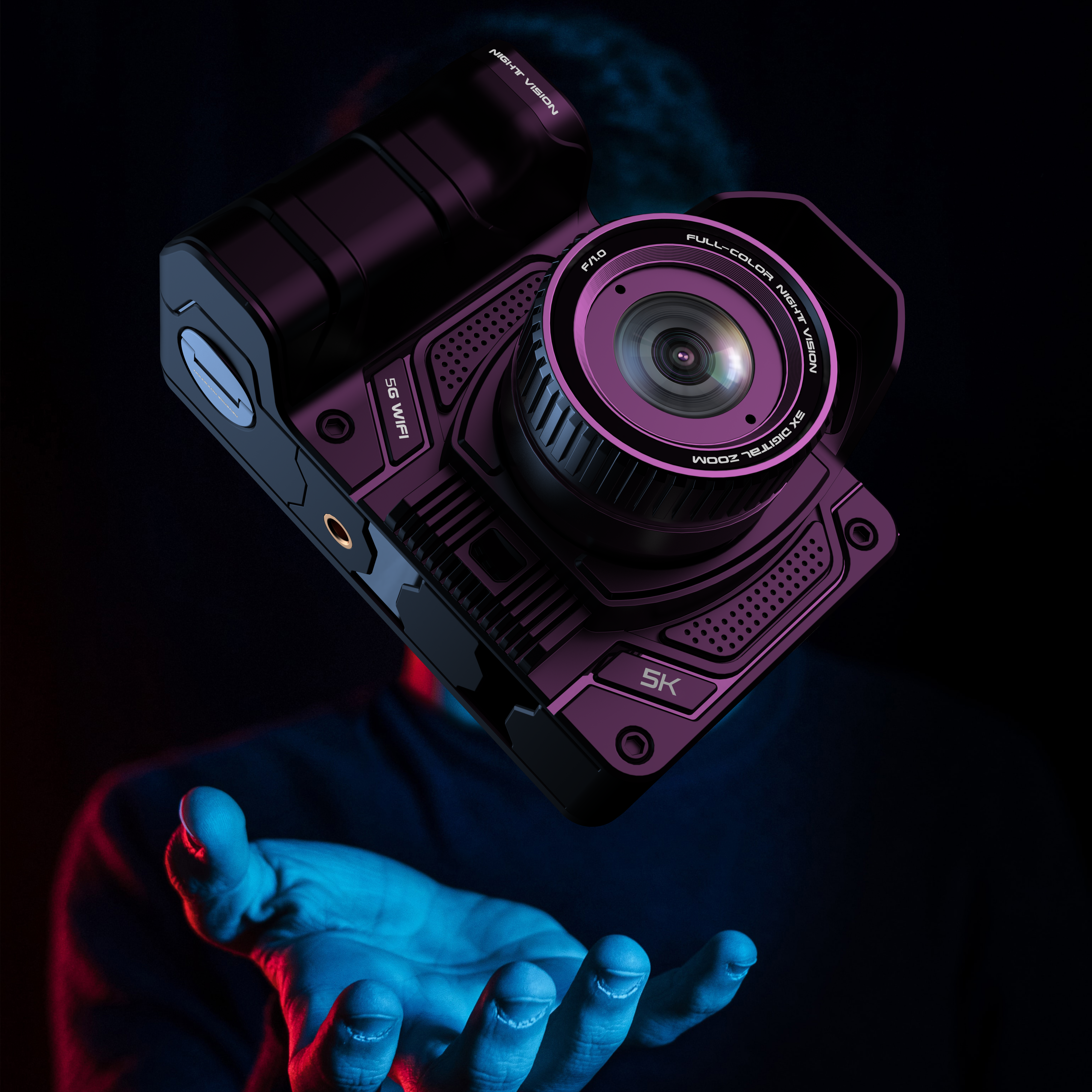Futuristische lila Kamera in der Hand, schwarzer Hintergrund.