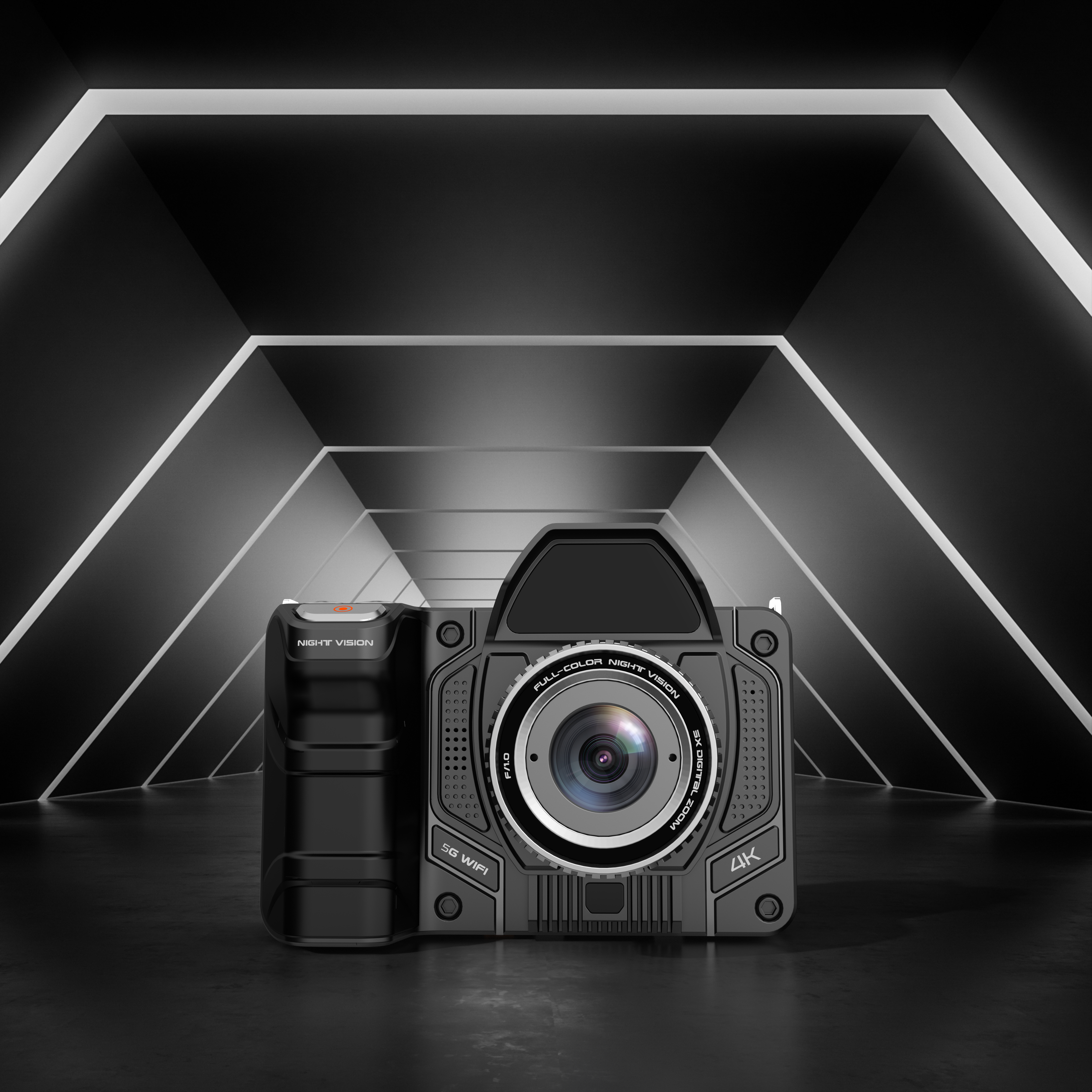 Eine schwarze Armaturenbrettkamera in futuristischer Umgebung mit schwarz-weißem Hintergrund.