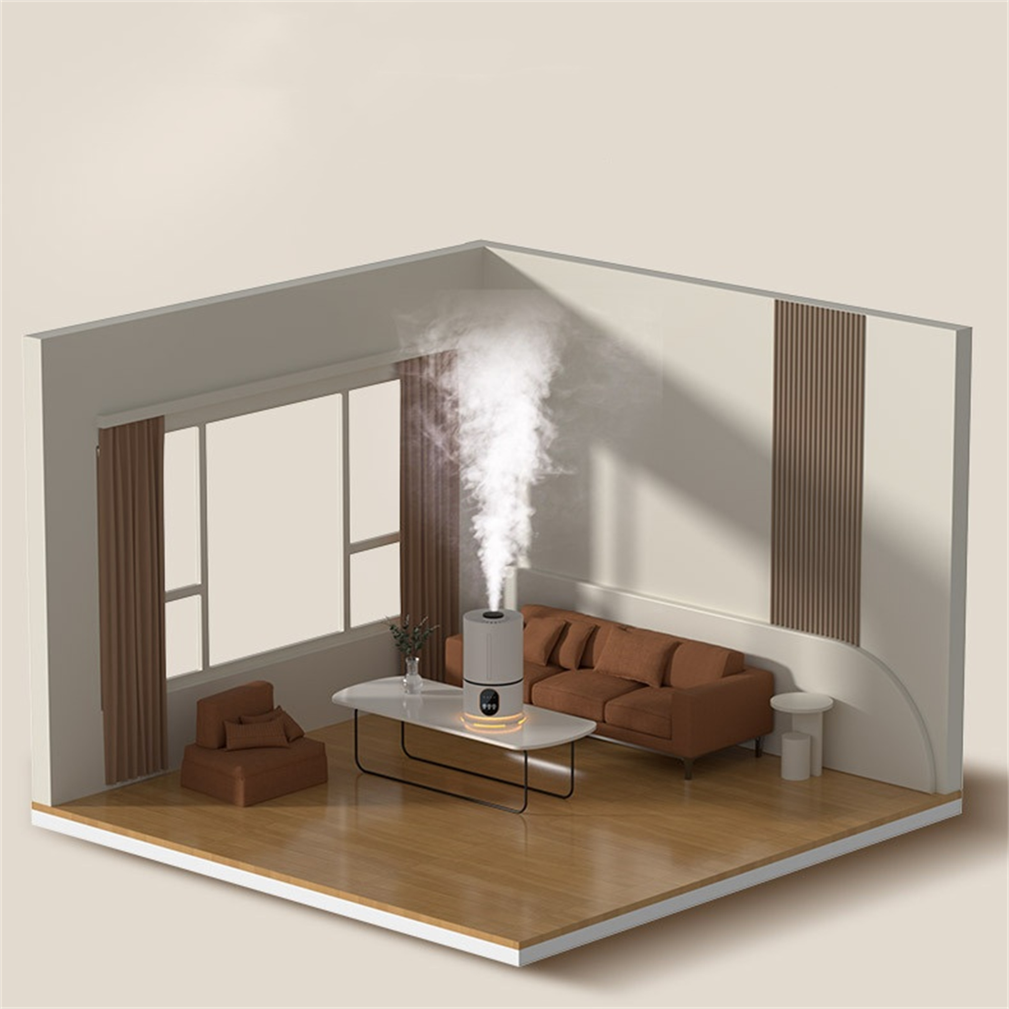 Zimmerinterieur mit einem Luftbefeuchter, der Dampf abgibt. Es gibt ein Sofa, einen Tisch und ein Fenster.