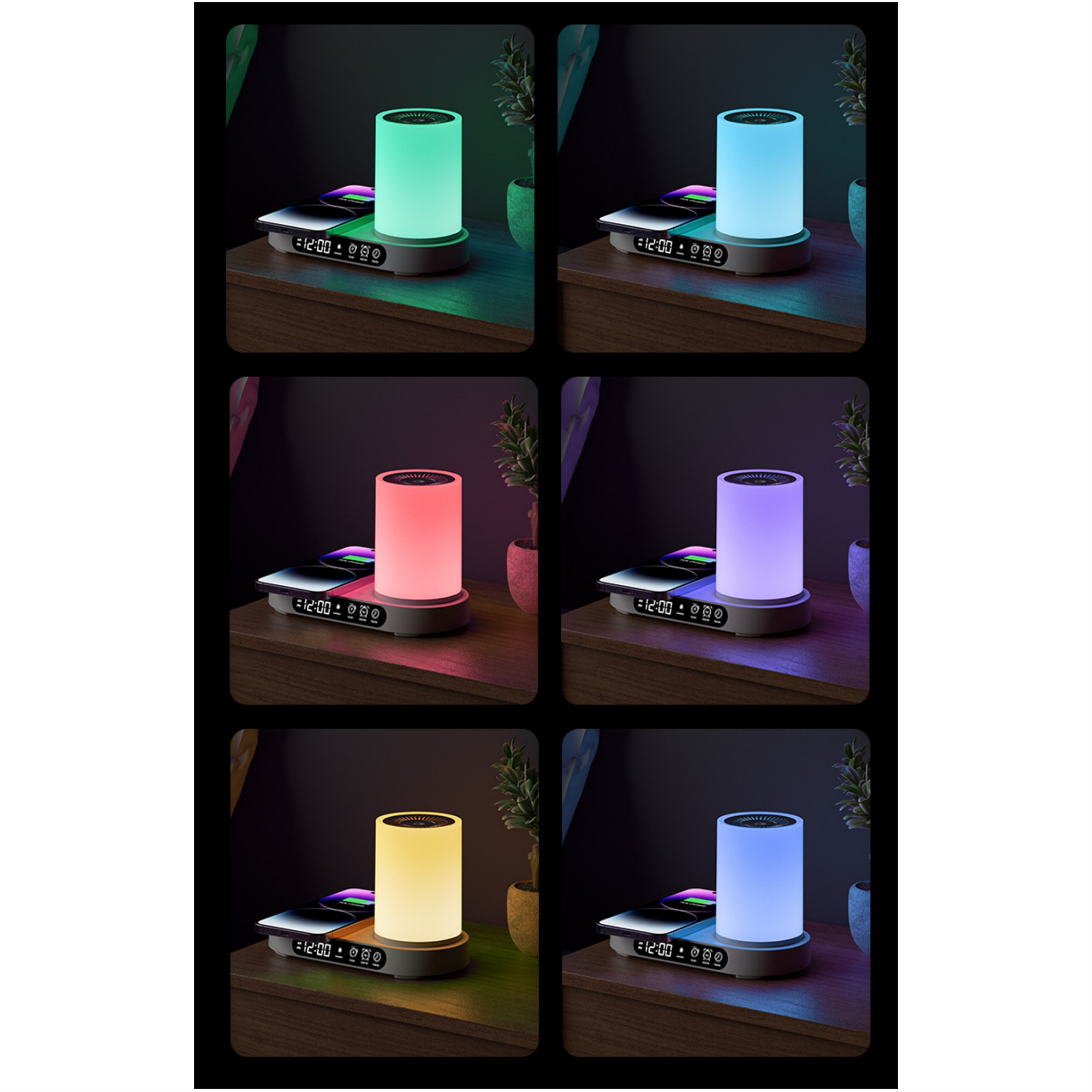 Sechs Bilder einer Lampe mit einem Telefonladegerät. Die Lampe leuchtet in verschiedenen Farben: grün, blau, rot, lila, gelb und blau.