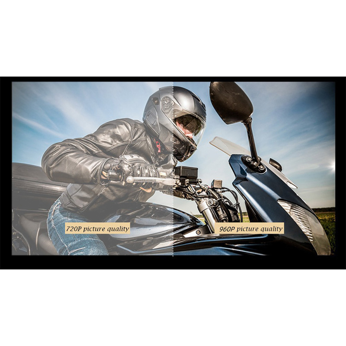 Motorradfahrer auf einem Motorrad. Bild zeigt 720p- und 960p-Bildqualitätsvergleich.