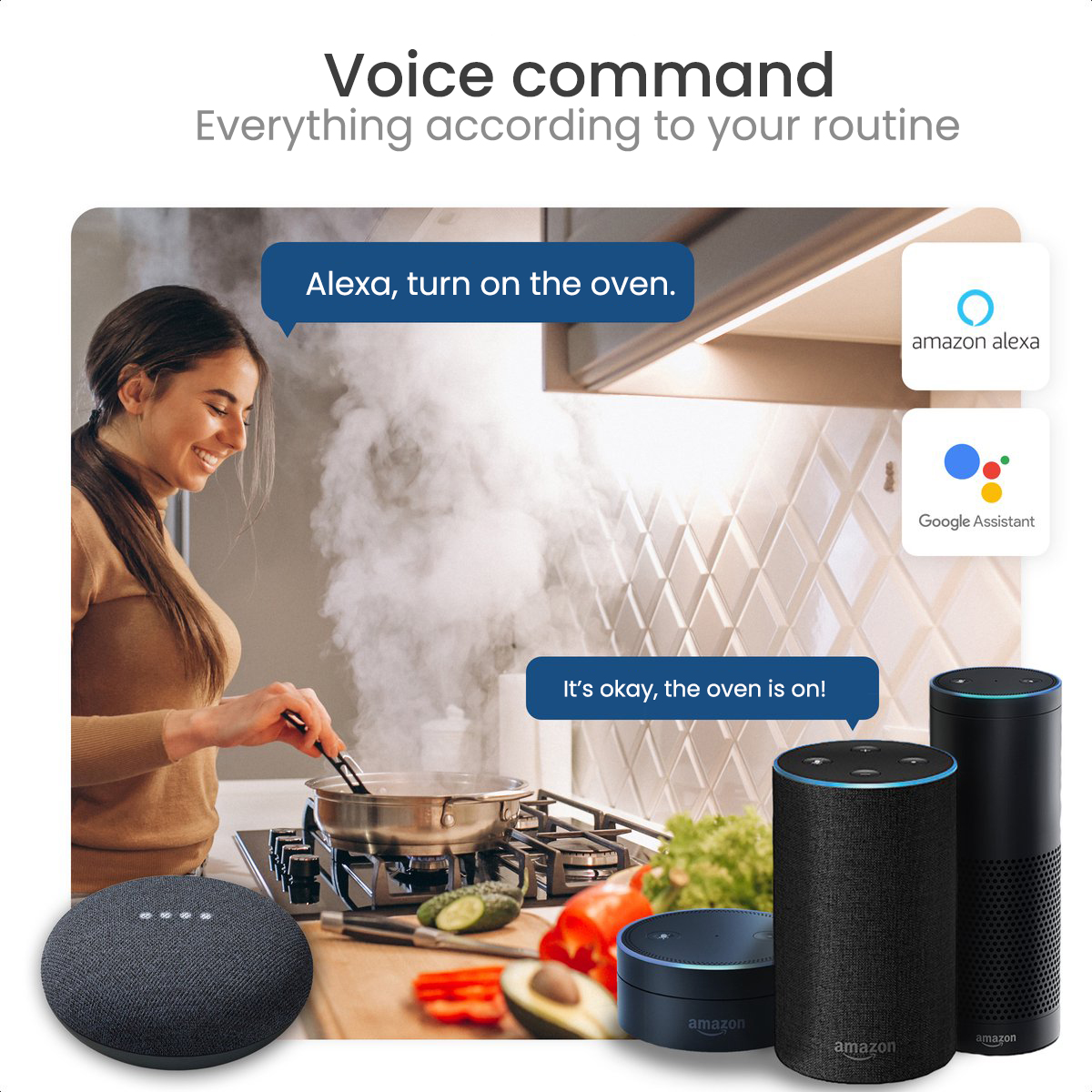 Eine Frau in der Küche mit Amazon Alexa Geräten. Textblasen zeigen Sprachbefehlsinteraktionen.