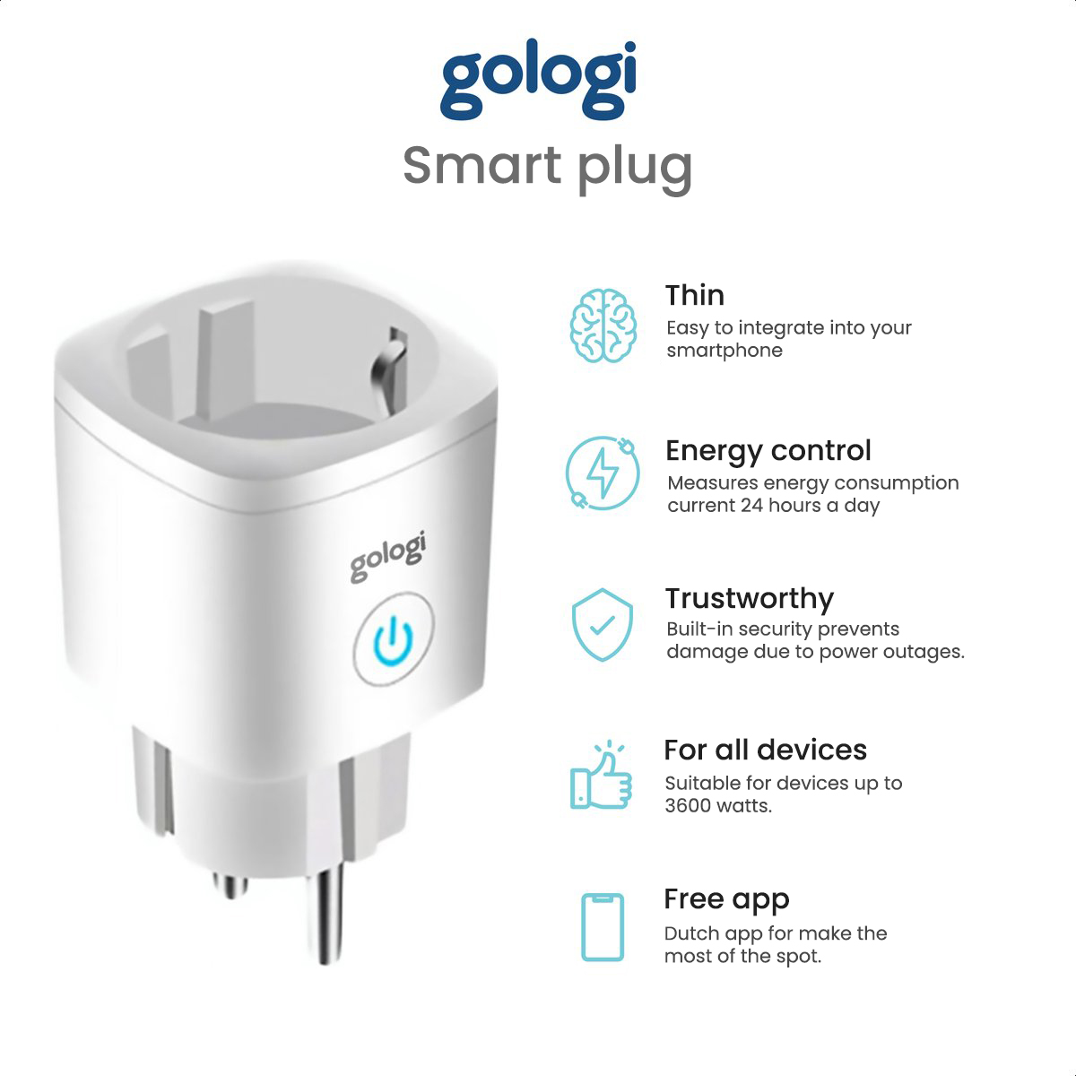Weißer Smart Plug mit dem Wort gologi. Er hat einen blauen Einschaltknopf und mehrere Diagramme.
