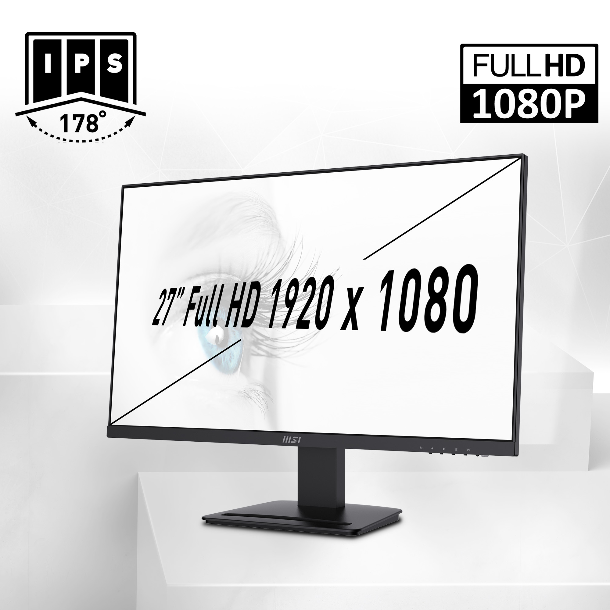 Schwarzer Computermonitor mit dem Text '27" Full HD 1920 x 1080' auf weißem Bildschirm.