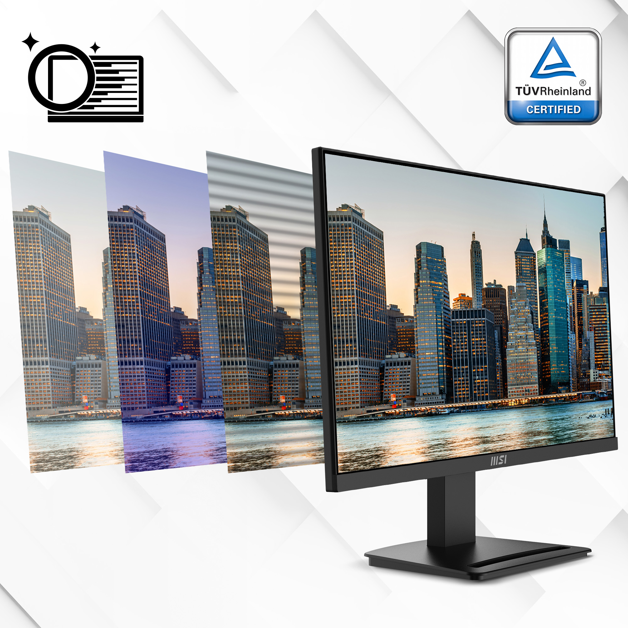 Schwarzer Computermonitor, der eine Skyline und verschiedene Filteroptionen zeigt.