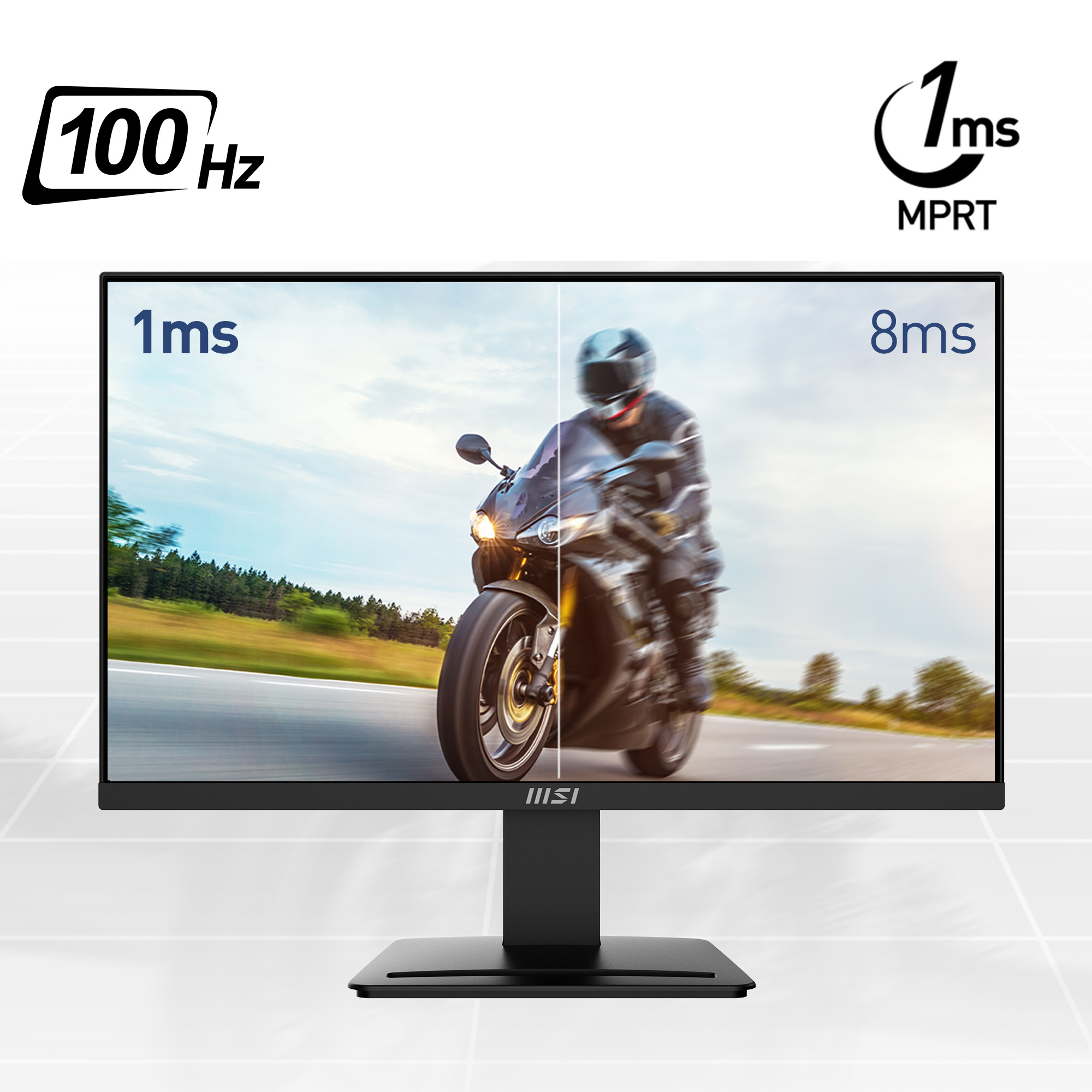 Gaming-Monitor, der einen Bewegungsunschärfevergleich zeigt: 1 ms vs. 8 ms.