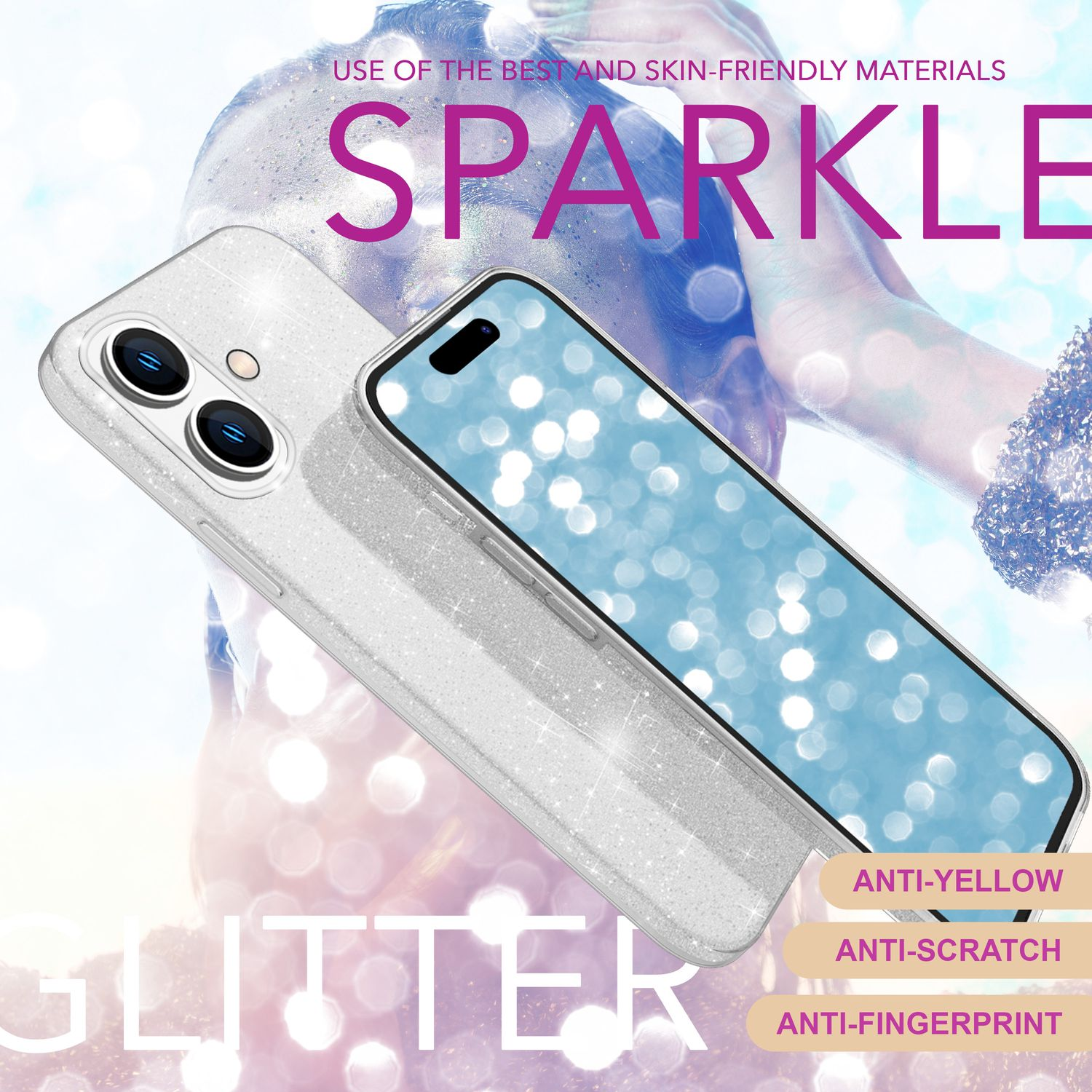 Ein Telefon und eine Handyhülle liegen auf einer Oberfläche. Die Hülle ist glitzernd und trägt die Aufschrift 'SPARKLE' mit Anti-Kratz- und Anti-Fingerabdruck-Etiketten.