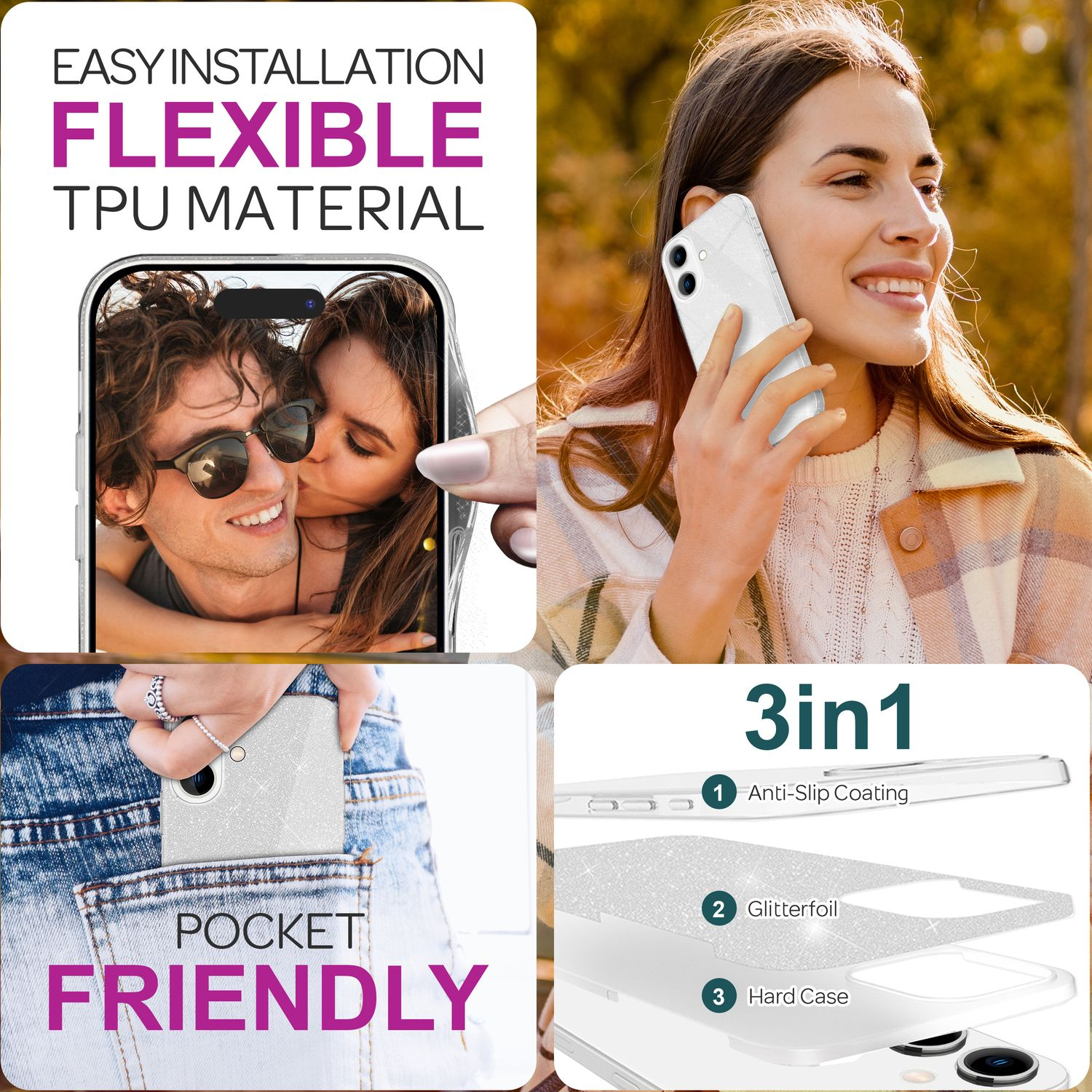 Collage, das eine Frau mit Telefon und Hülle zeigt. Text: 'Pocket Friendly', '3in1'.