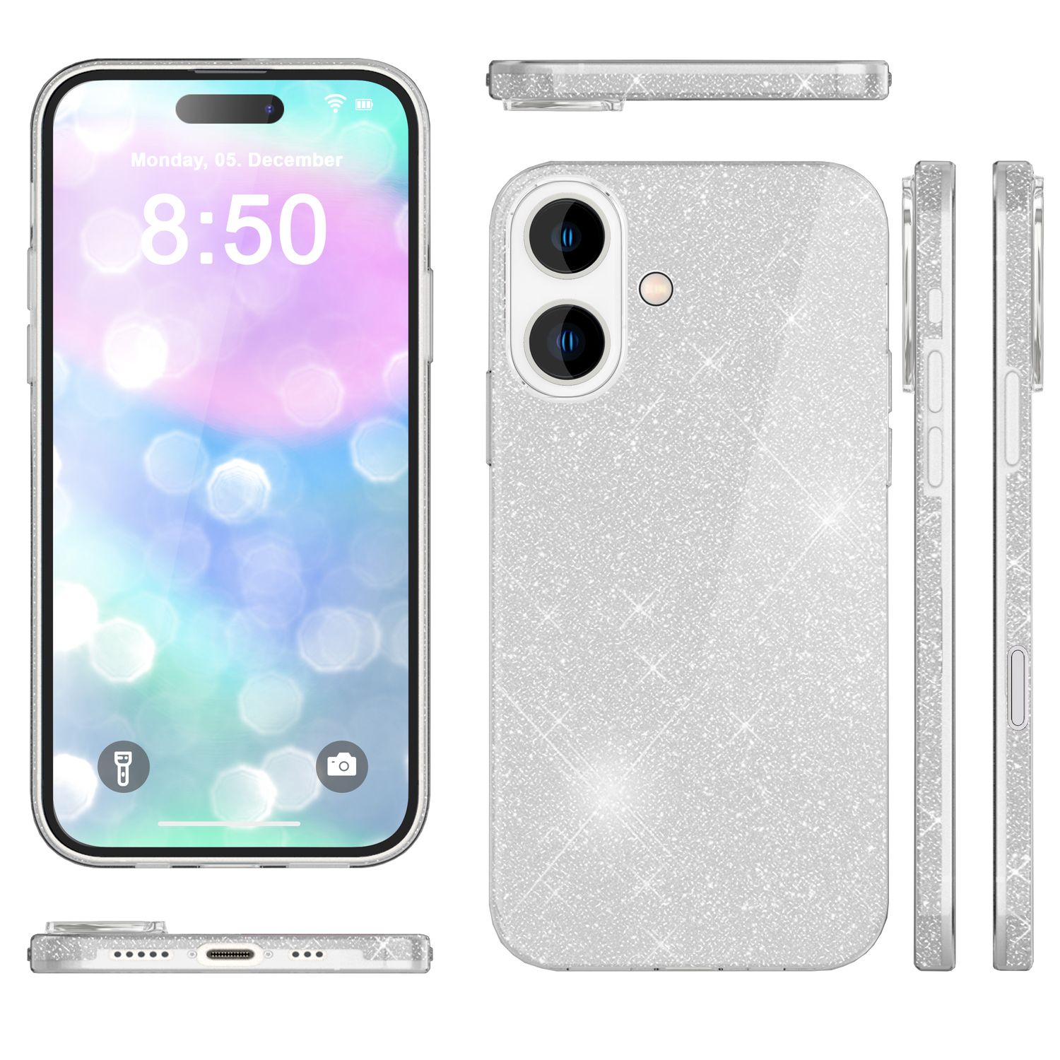 Silberne Glitzer-Handyhülle mit mehreren Ansichten: vorne, hinten, Seiten und unten. Zeigt ein Telefon.