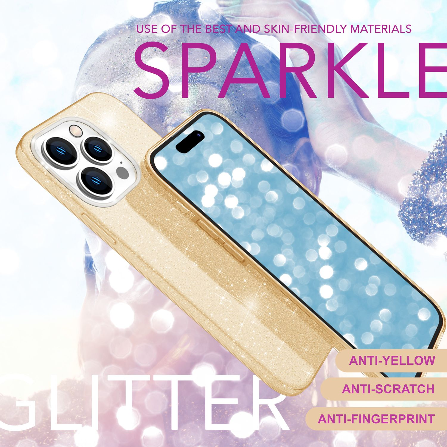 Goldfarbene Glitzer-Handyhülle mit drei Kameralinsen und einem Handy-Bildschirm mit blauem Bokeh.