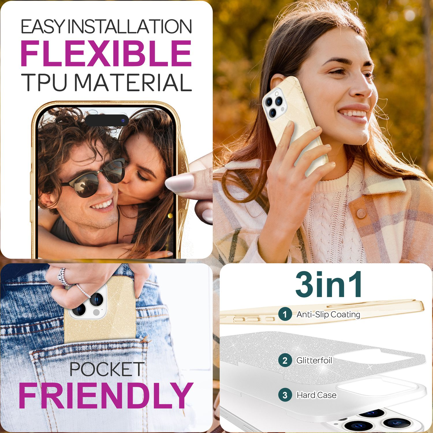 Frau hält Handyhülle, Paar küsst sich im Einsatz. Text: Flexibles TPU, Taschenfreundlich, 3in1.