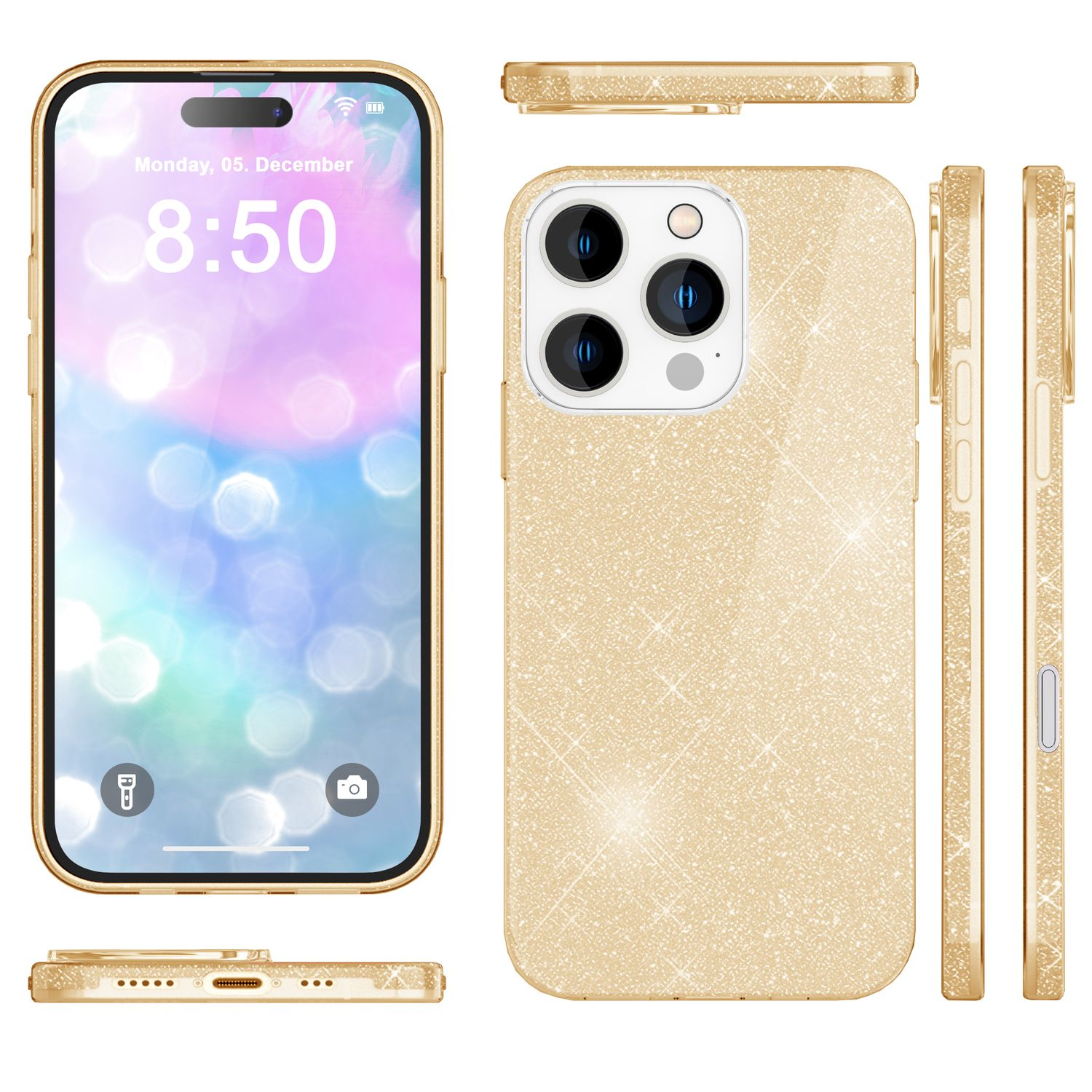 Goldene Handyhülle mit Telefon und mehreren Ansichten. Es zeigt den Bildschirm und die Rückseite des Telefons.