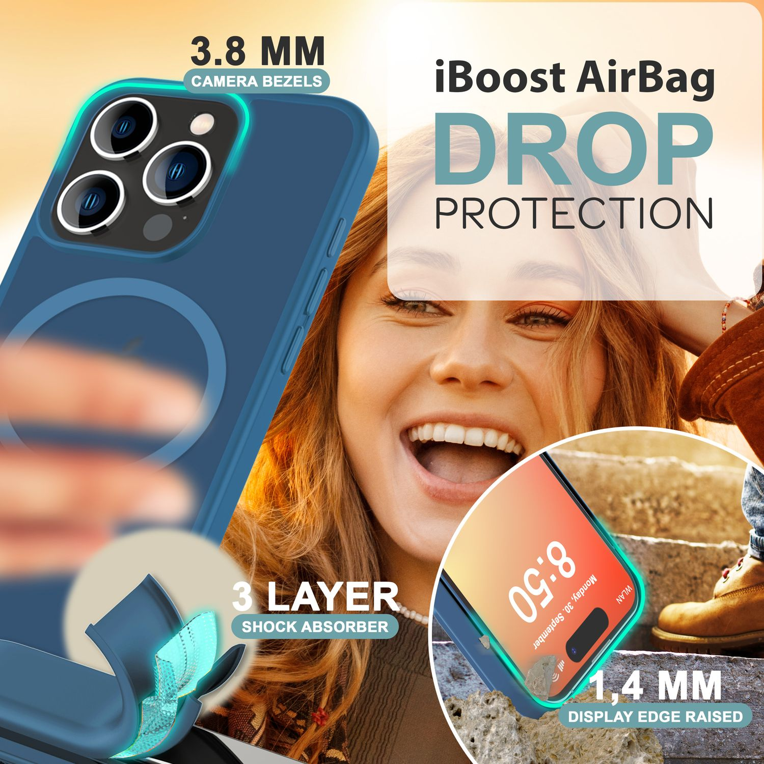 Eine Frau, die eine Handyhülle mit dem Text 'DROP PROTECTION' und '3 LAYER SHOCK ABSORBER' hält.