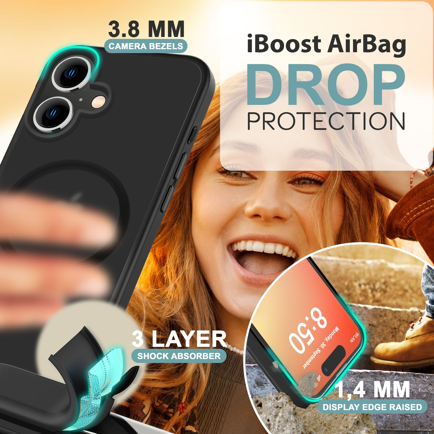 Schwarze Handyhülle mit Telefon. Text: iBoost AirBag, 3-Lagen-Stoßdämpfer, 1,4 mm Displaykante.