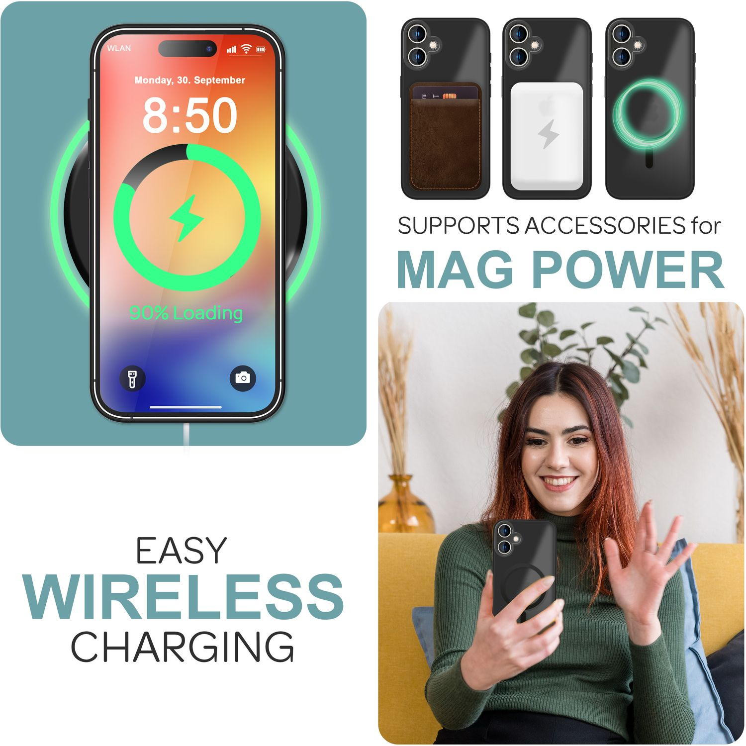 Smartphone drahtlos mit Mag Power-Hülle aufladen. Frau hält ein Telefon. Blauer und grüner Hintergrund.