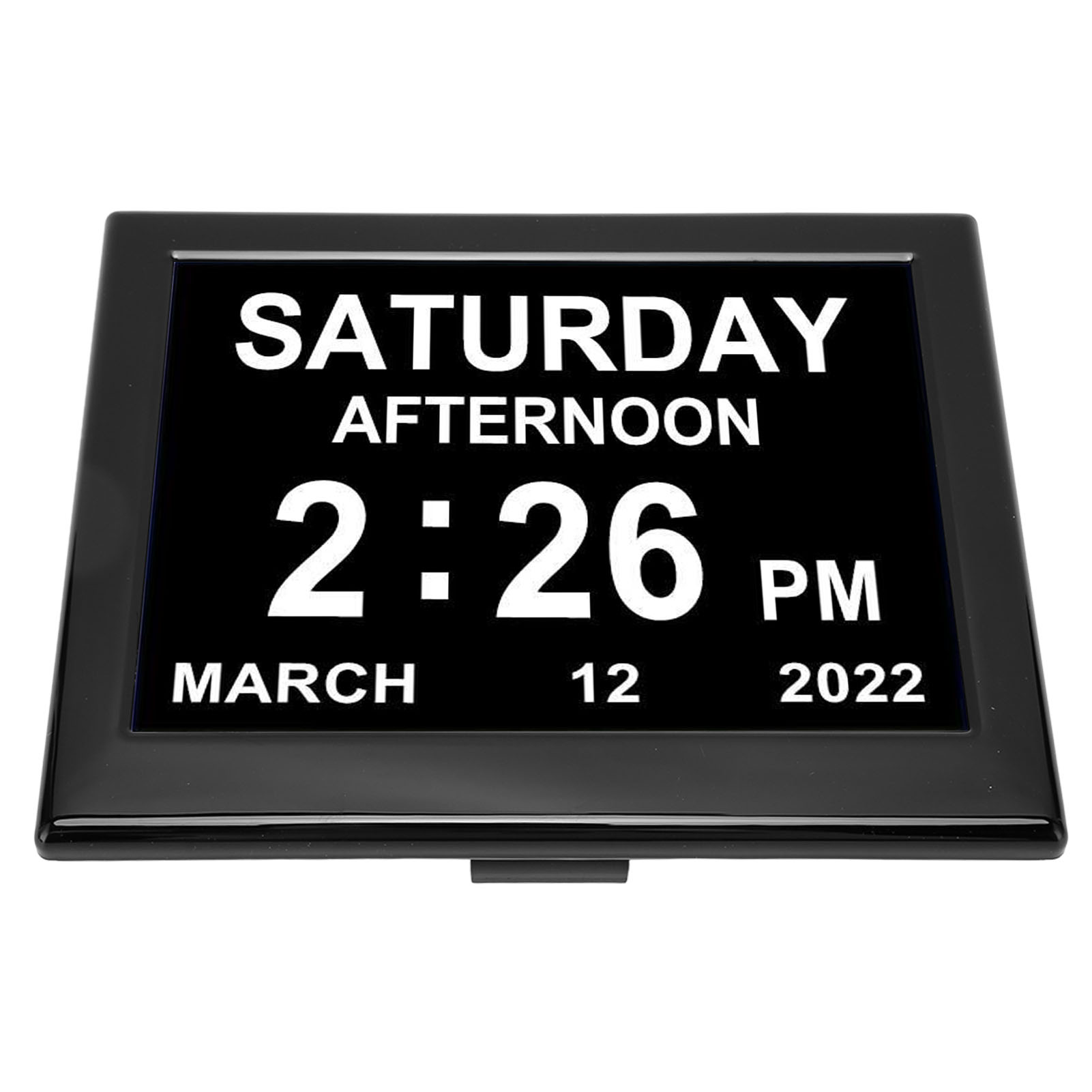 Digitaluhr mit der Anzeige 'Samstag Nachmittag 2:26 Uhr März 12 2022'.