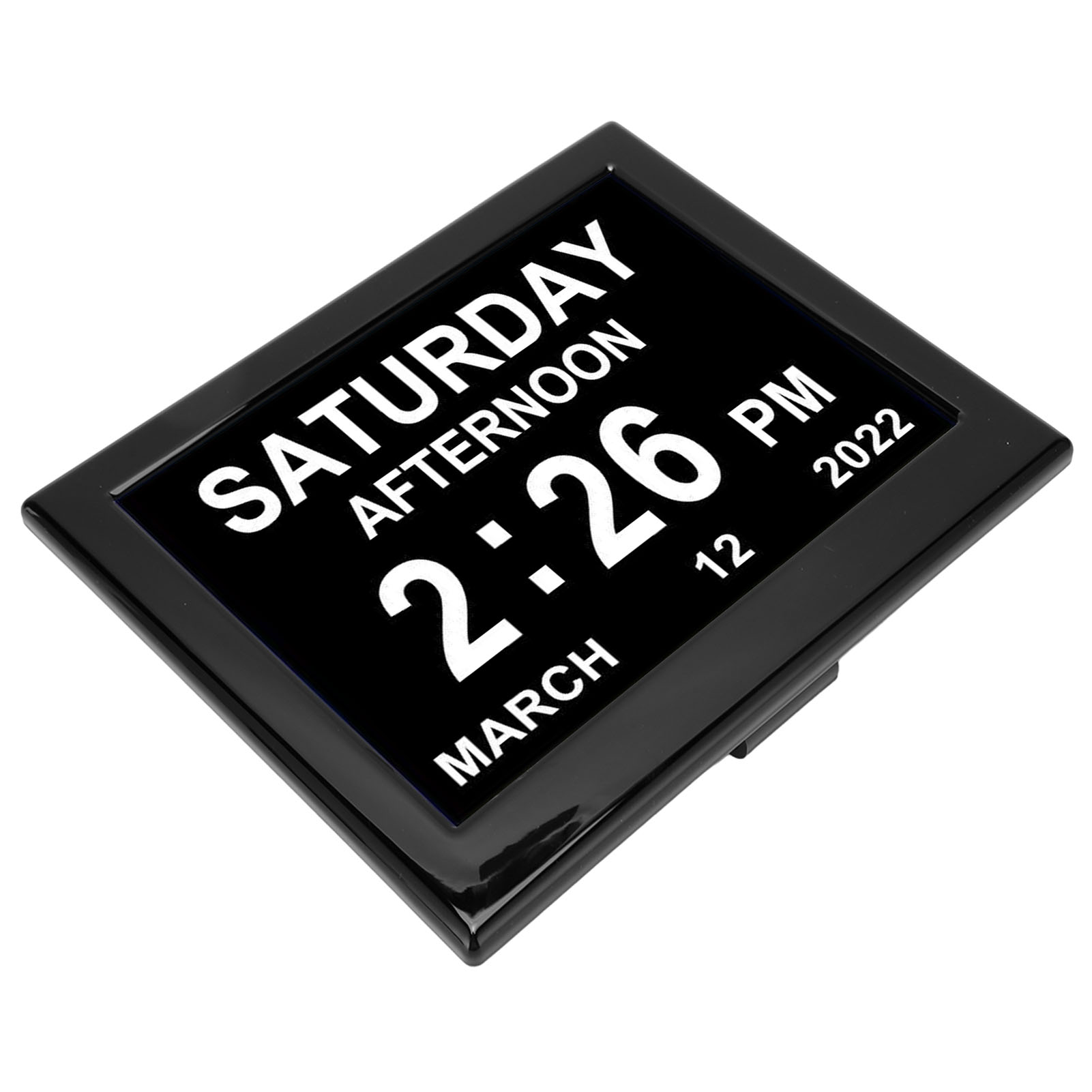 Schwarzer digitaler Kalender mit Samstag Nachmittag, 14:26 Uhr, 12. März 2022. Schwarzer Rahmen.