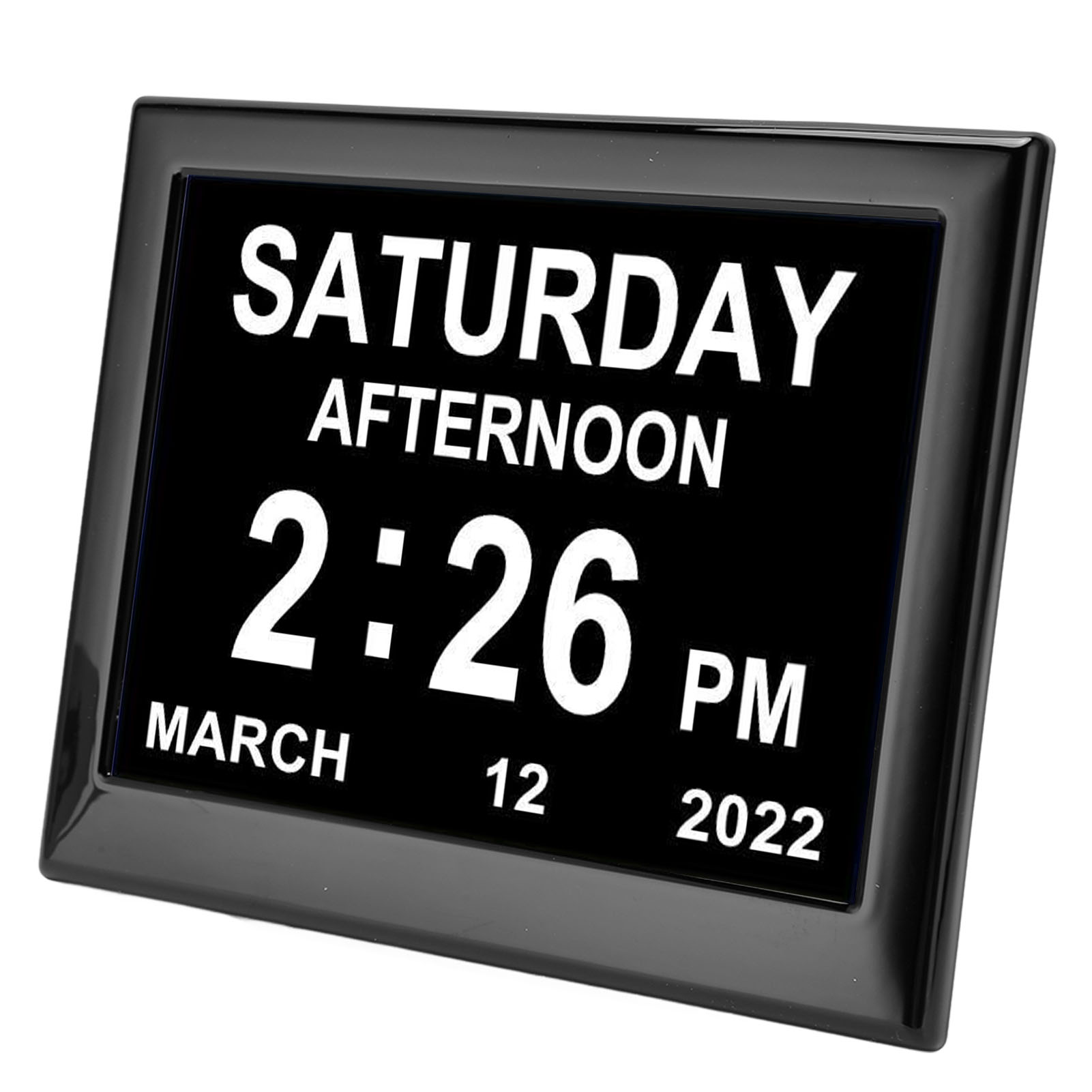 Eine schwarze Digitaluhr mit der Anzeige „SAMSTAG NACHMITTAG“ mit Datum und Uhrzeit.