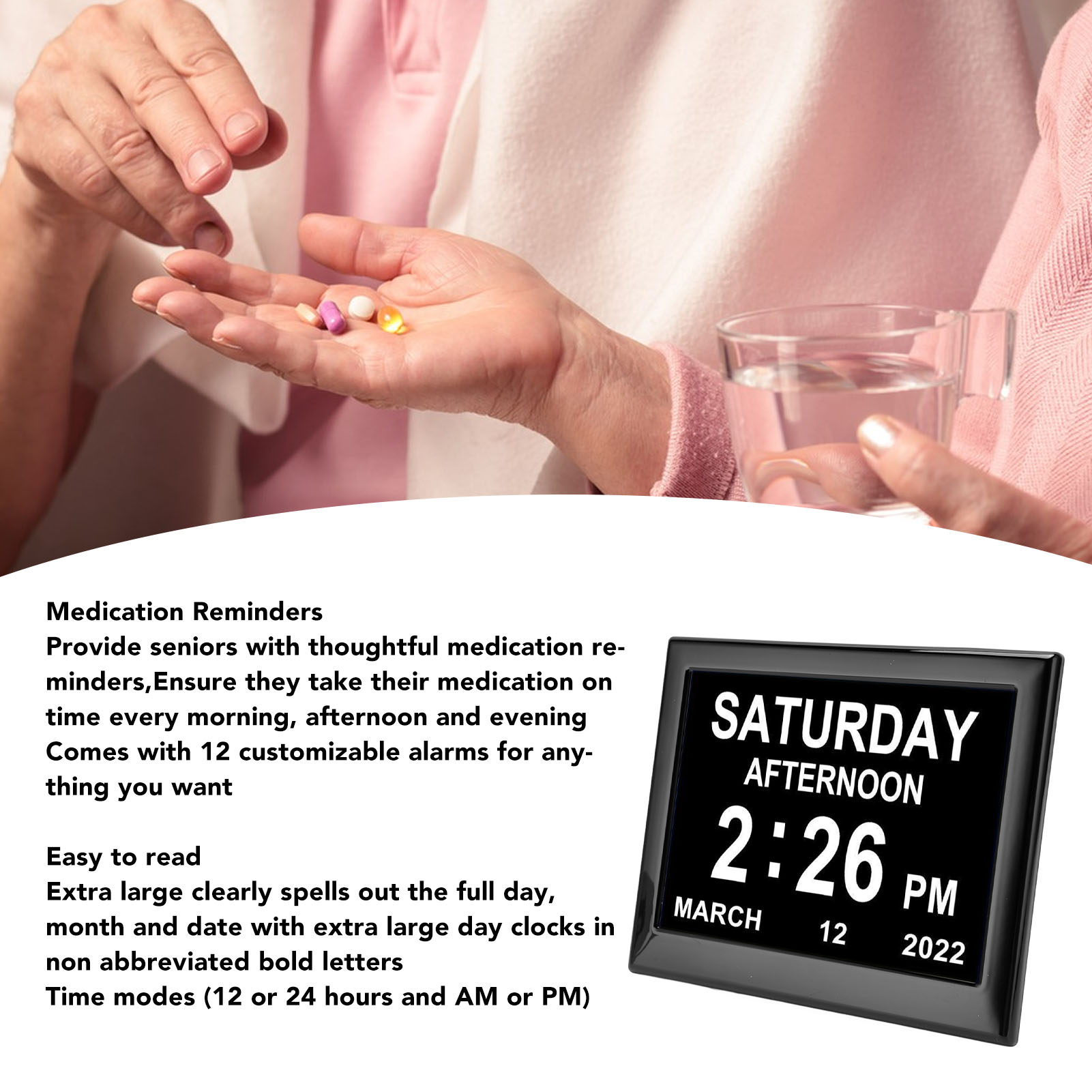 Eine Digitaluhr, die Zeit und Datum anzeigt, und eine Frau, die Pillen und ein Glas Wasser hält.