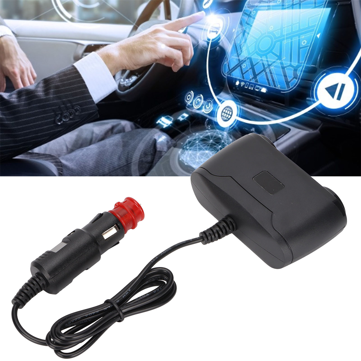 Armaturenbrett des Autos und Plug-in-Gerät zum Aufladen. Hand berührt den Bildschirm. Schwarzes Kabel.