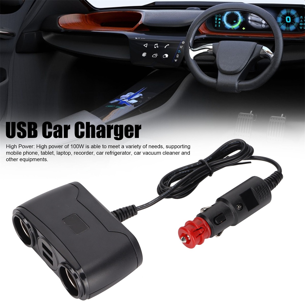 Schwarzes USB-Autoladegerät mit zwei Anschlüssen und einem Zigarettenanzünderadapter, verbunden mit einem Autointerieur.